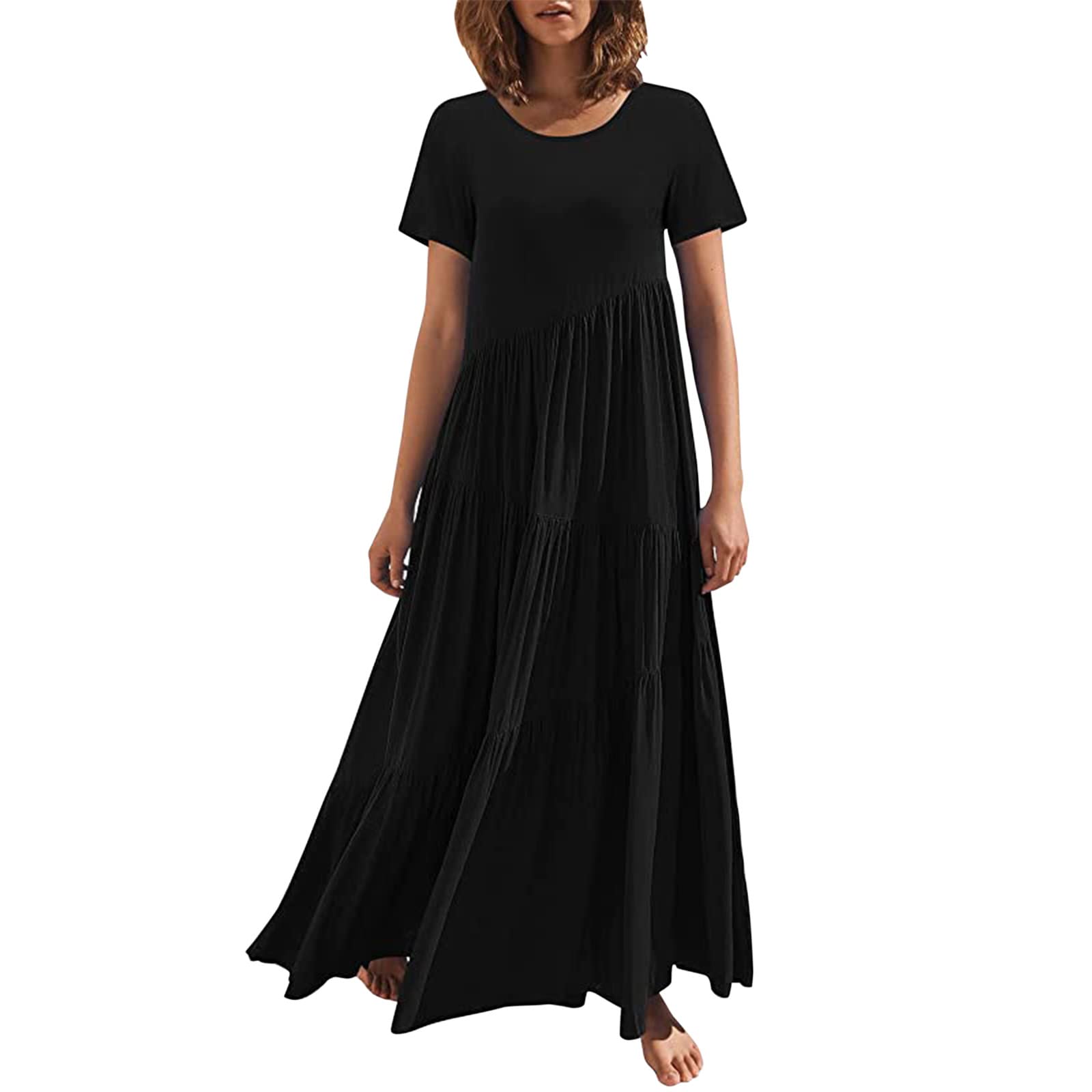 2023 Women's Summer Floral Tiered Maxi Dress - Casual Short Sleeve Bohemian Beach Dress for Vacation, Party & Outdoor Activities