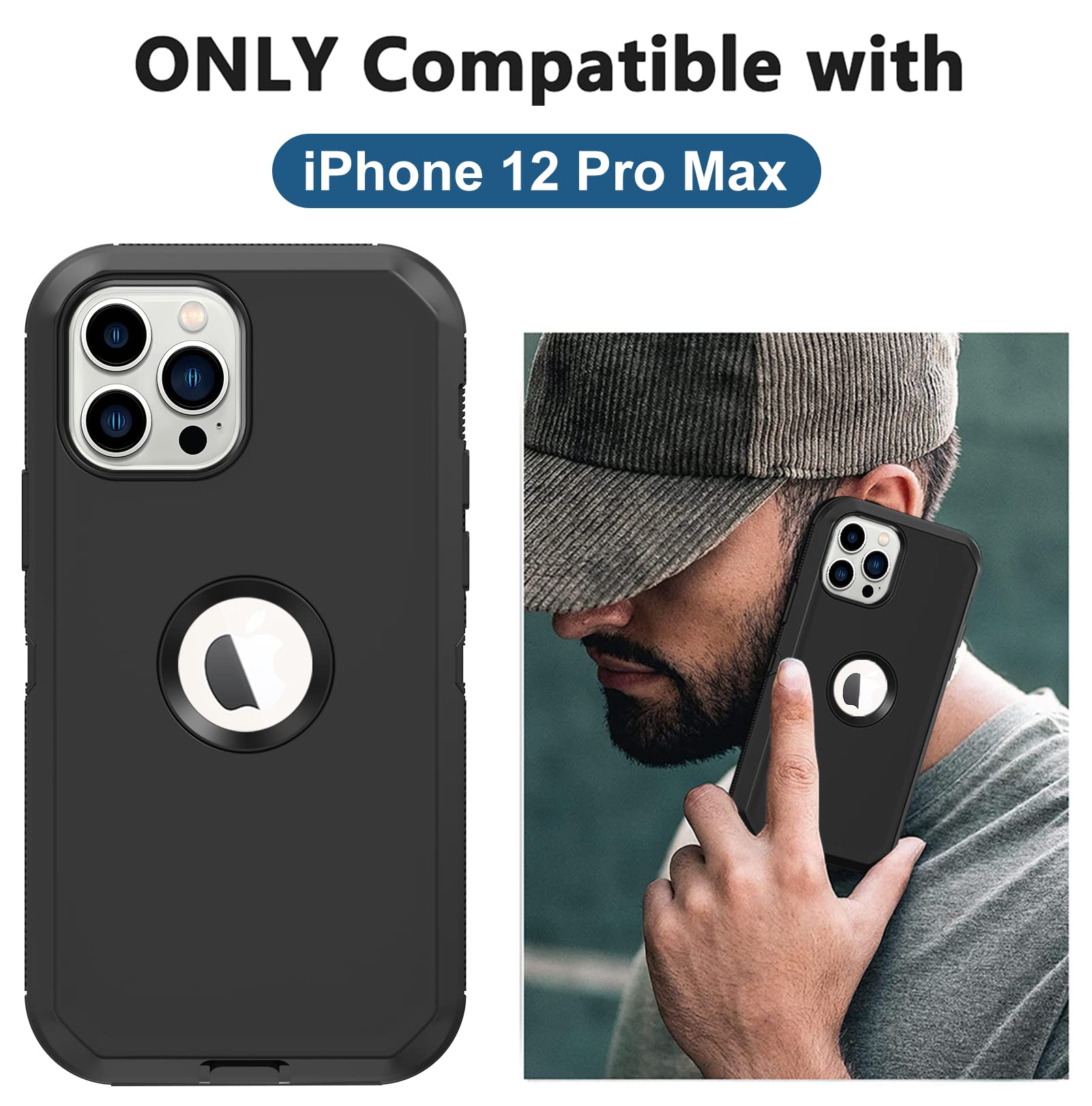 Rugged Shockproof iPhone 12 Pro Max Case with Built-in Screen Protector | Heavy Duty Drop Protection, Full Body Cover, Dust Proof | Perfect for Outdoor Activities, Construction Work & Extreme Sports (Black)