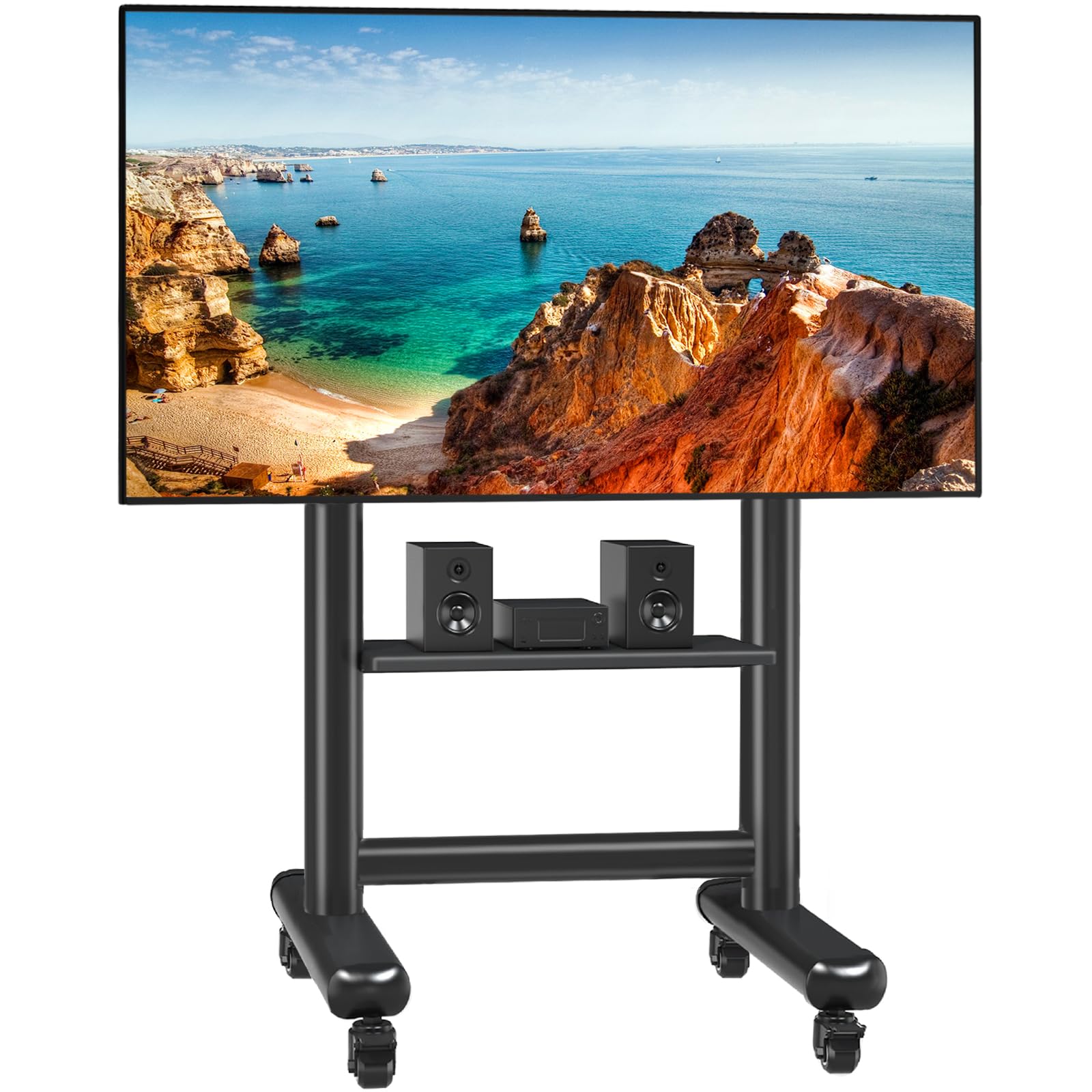 Heavy Duty Rolling TV Stand for 50-92 Inch Large TVs up to 150 Lbs - Height Adjustable Mobile TV Cart with Storage Shelf - Upgraded Portable TV Stand on Wheels for Living Room, Office, Trade Show - Perfect for Home Theater, Conference Rooms & Commercial Displays