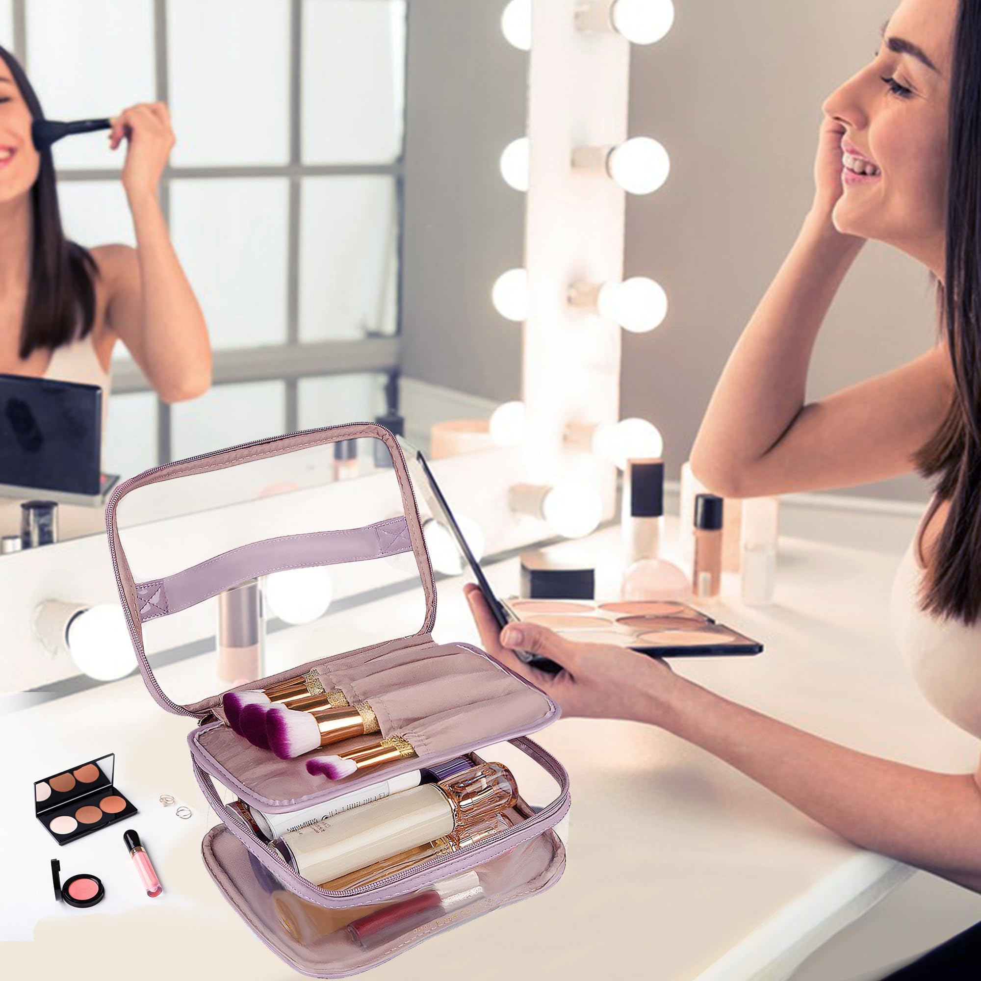 Clear Toiletry Bag for Travel - Large Opening Transparent Makeup Organizer, Portable Waterproof Cosmetic Case with High Capacity | Perfect for Women's Travel Essentials, Gym, Airplane Carry-On & Weekend Getaways (Purple)