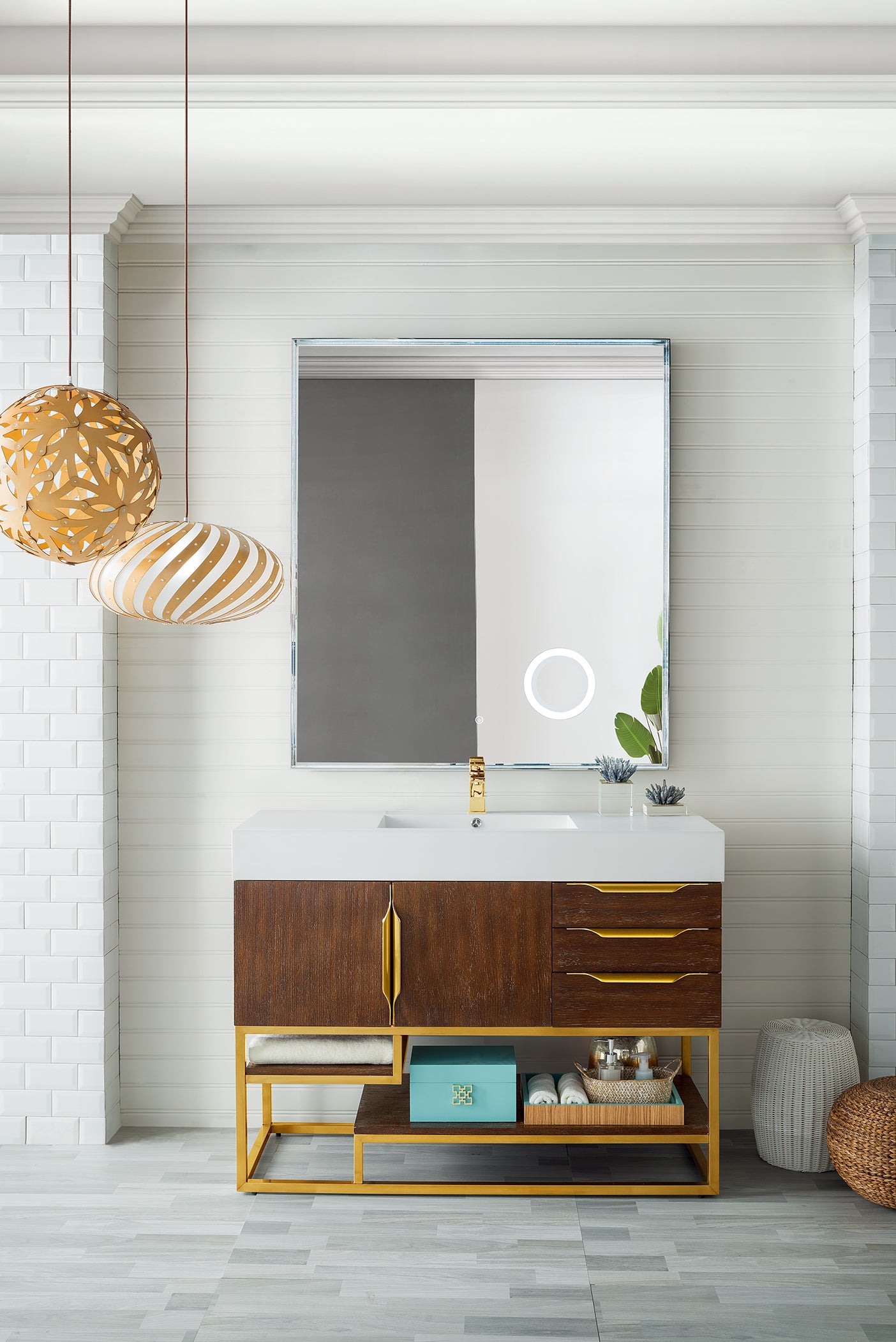 Columbia 48 Inch Single Bathroom Vanity in Coffee Oak with Radiant Gold Finish & Glossy White Composite Top - Perfect for Modern Master Bathrooms & Guest Suites