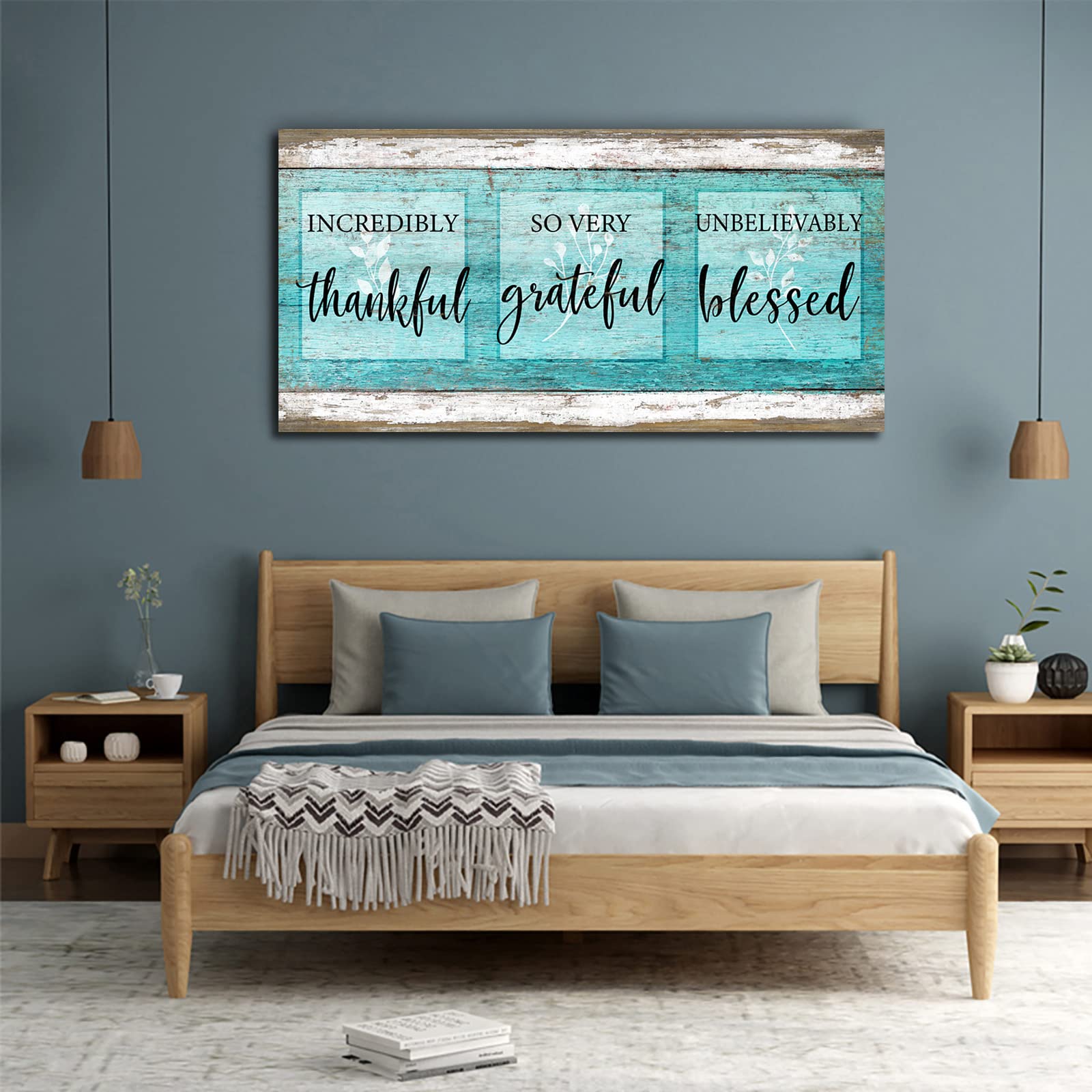 Large Framed Canvas Wall Art - Inspirational 'Thankful Grateful Blessed' Quote Print in Teal Blue (24x48 Inches) for Living Room, Bedroom, Kitchen & Office Decor | Perfect for Home, Family Spaces & Gift Giving