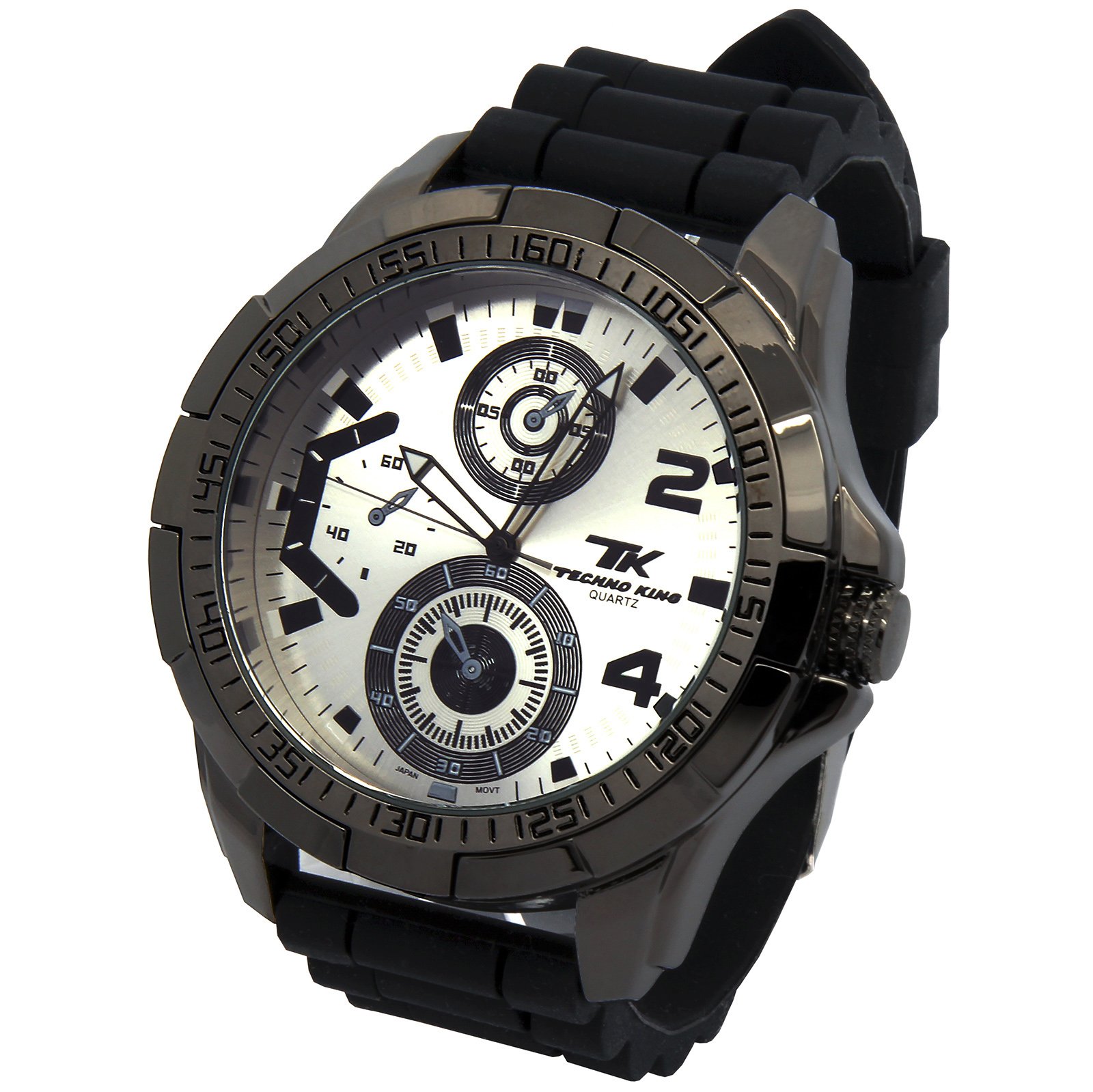 Techon King Men's Oversized Black Silicone Band Gunmetal Tone Silver Face Quartz Wristwatch - Stylish Casual & Sporty Watch for Everyday Wear, Workout, and Outdoor Activities
