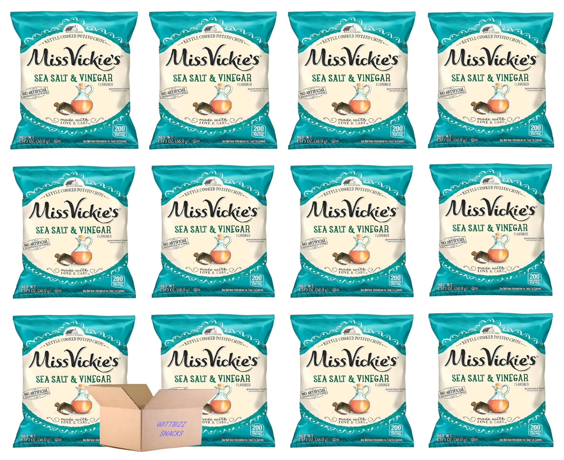 Wittbizz Snacks Bundles - Ms Vickys Salt and Vinegar Kettle Chips, 1.37oz (16 Pack) - Crunchy Potato Snacks for Parties, Picnics & Office Snacking
