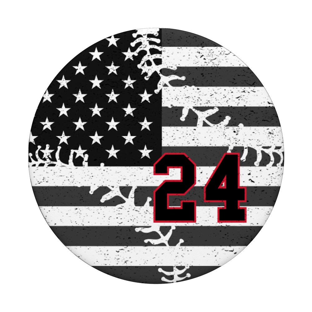 USA Flag Baseball PopSockets PopGrip with Number 24 in Black & Red - Swappable Phone & Tablet Grip for Sports Fans, Patriotic Americans - Perfect for Baseball Games, iPhone Cases, and Everyday Use