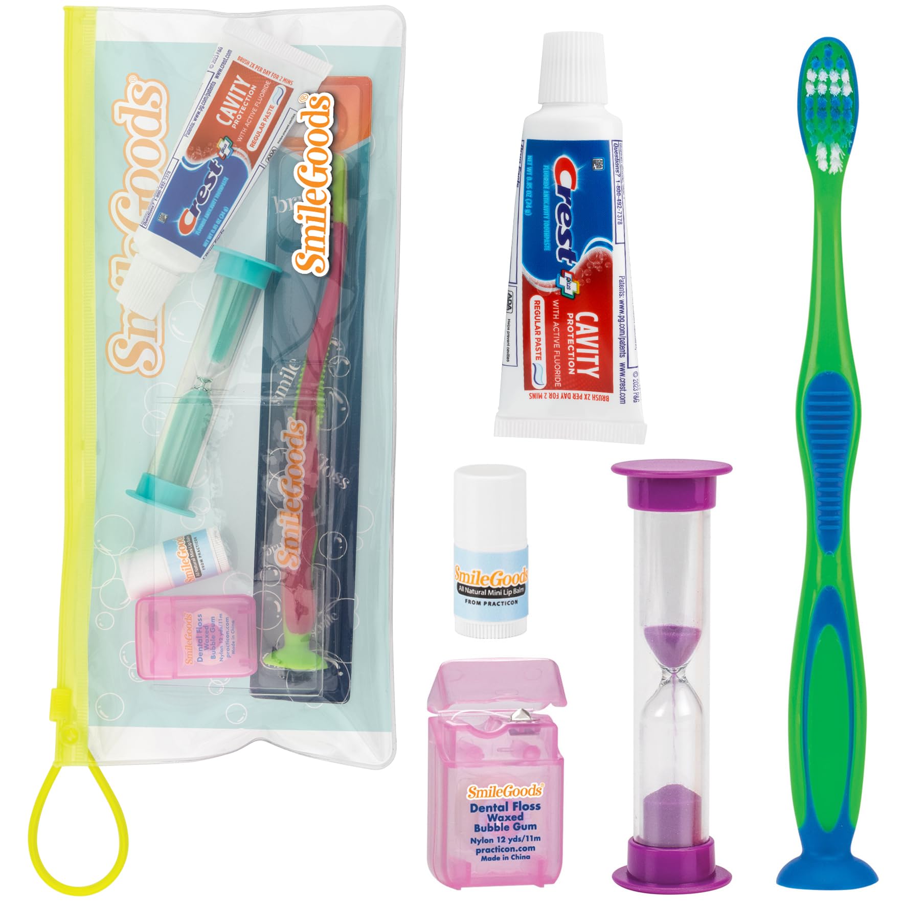 Practicon Kids Travel Dental Care Kit - TSA Friendly Toothbrush, Crest Toothpaste, Floss, Lip Balm & Sand Timer | Perfect for School, Vacations & Sleepovers | Child Oral Hygiene Essentials