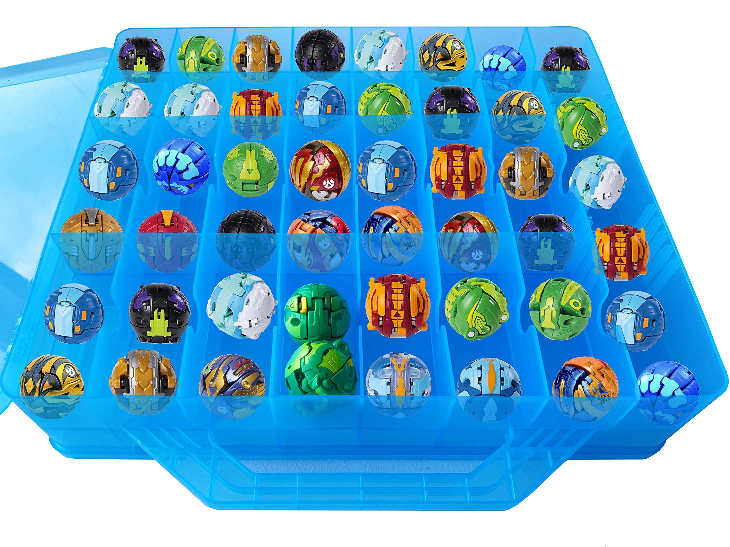 Double Sided BPA-Free Toy Storage Organizer with 48 Compartments - Perfect for Mini Toys, Small Dolls, Bakugan & Tools - Portable Carrying Case for Home, Travel & Playroom Organization (Blue)