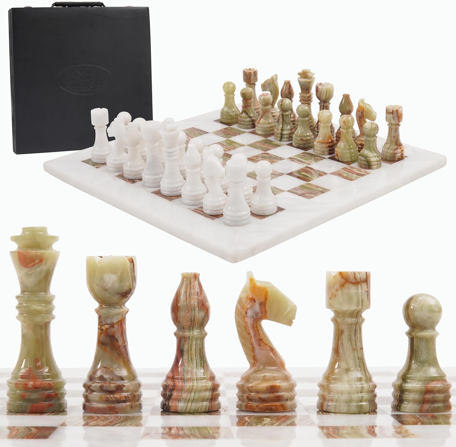 Premium 15-Inch White & Green Onyx Handmade Marble Chess Set with Storage Box - Classic 2-Player Board Game for Adults (Includes 1 Chess Board & 32 Pieces) - Perfect for Home Decor, Gifts, and Strategy Game Lovers