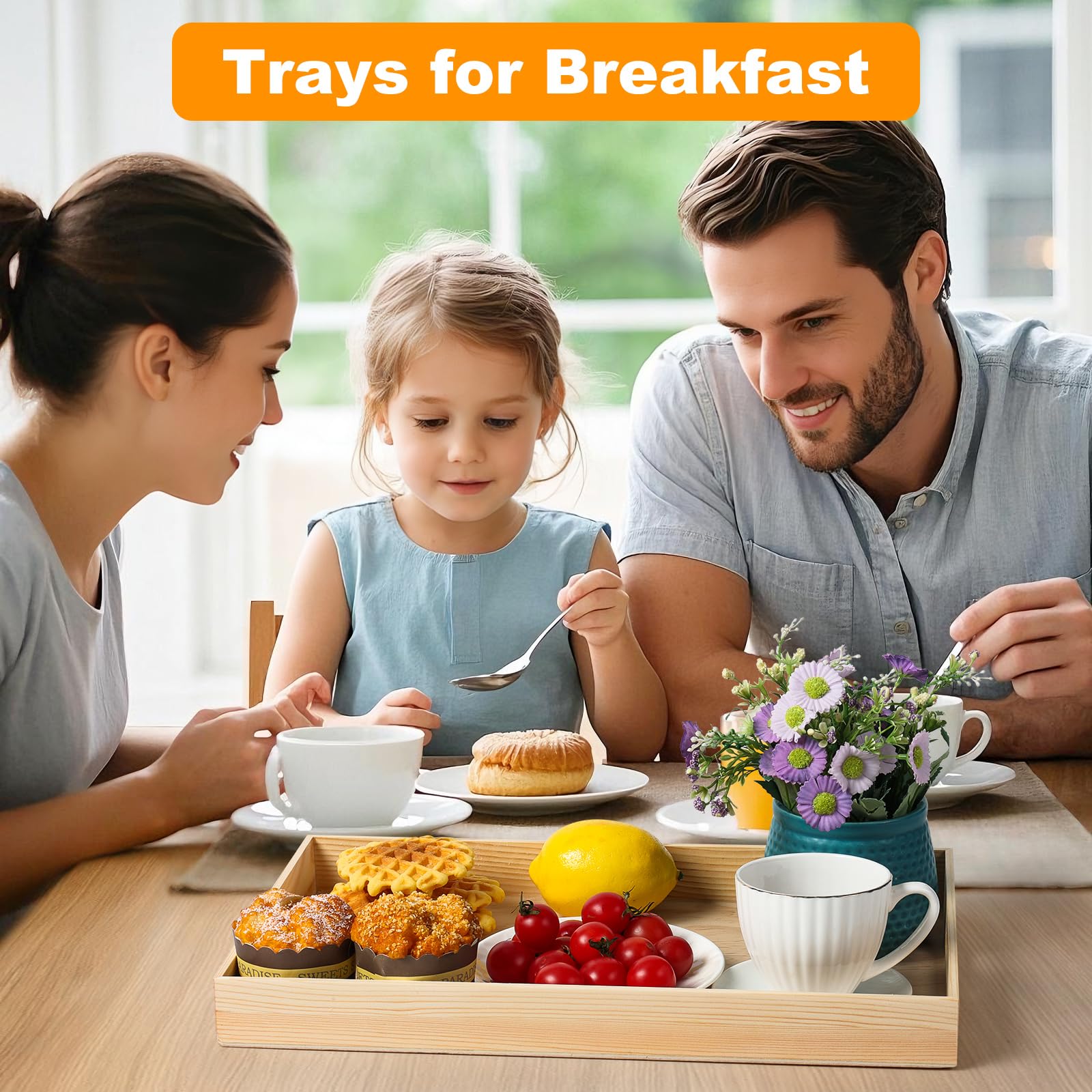 PONGJA 7-Piece Unfinished Wooden Serving Trays with Handles - Natural Wood Nested Breakfast & Snack Trays for Crafts, Montessori, Home Decor, Kitchen, Party & Dinner - Perfect for Kids' Activities, Entertaining Guests & Stylish Food Presentation