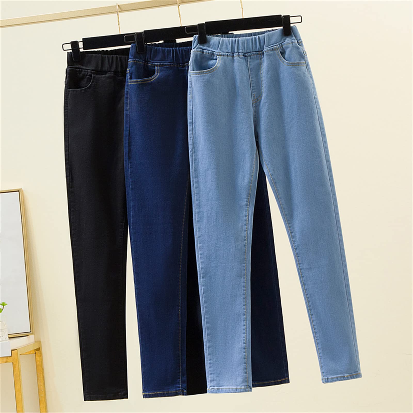 UIOKLMJH Women's Stretch Denim Pants - Black Slim Fit High Waist Jeans for Spring & Summer | Comfortable Elastic Waist Pencil Pants for Casual Wear & Office Outfits | Plus Size Available