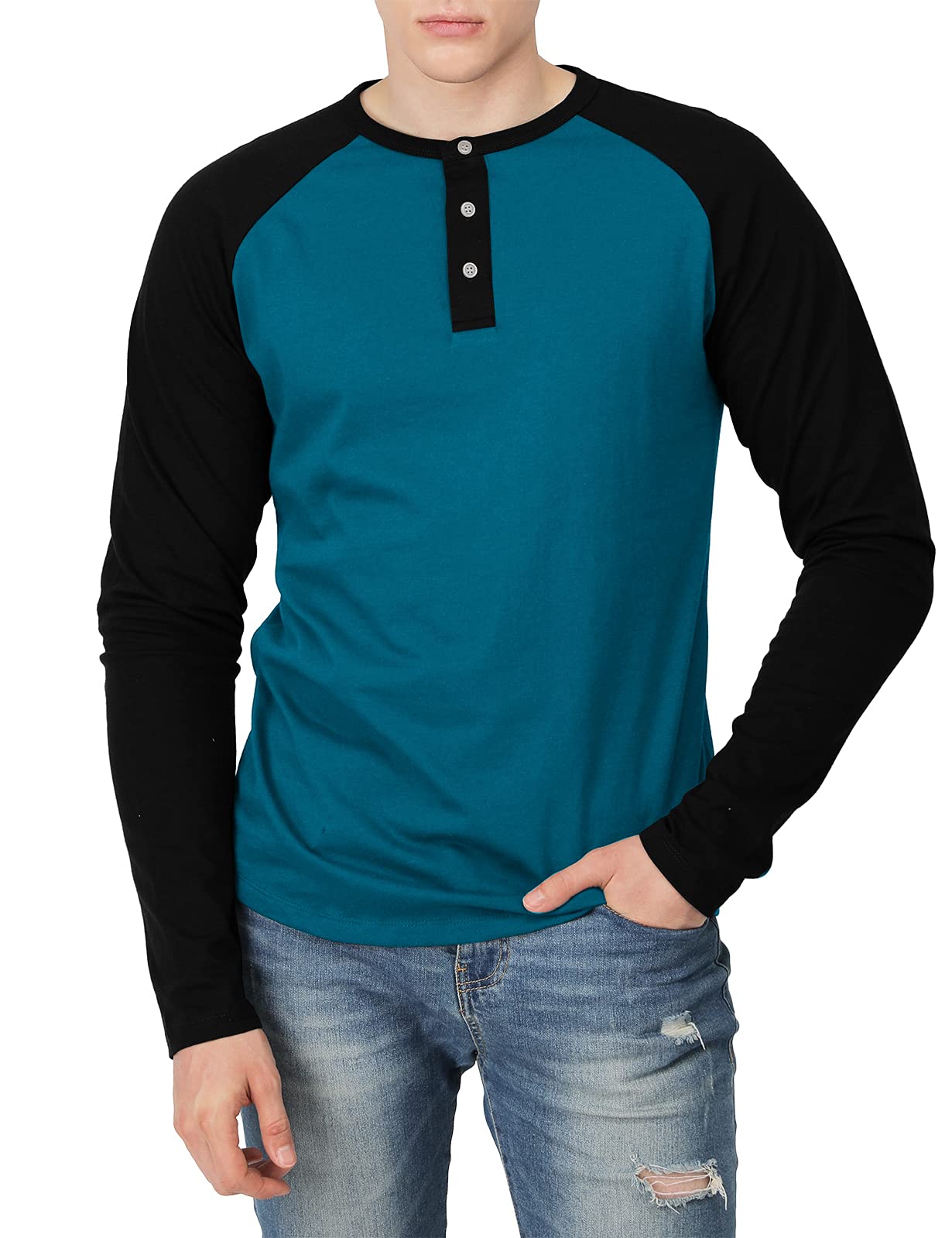 H2H Men's Casual Slim Fit Henley T-Shirt - Raglan Long & 3/4 Sleeve Baseball Jersey Shirt for Everyday Wear, Gym & Outdoor Activities