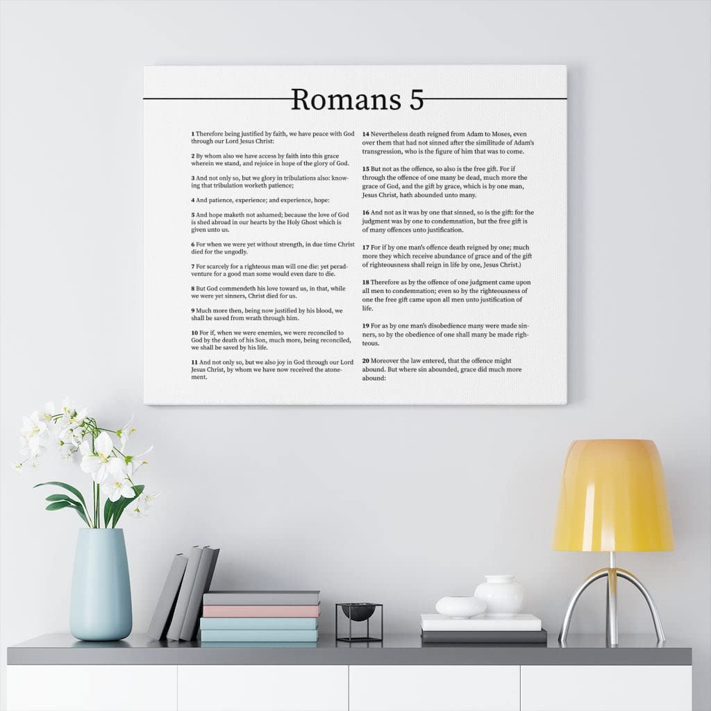 Bible Art Canvas - Romans Chapter 5 Landscape Christian Wall Decor | White Scripture Print for Home, Church & Office | Inspirational Gift for Weddings, Baptisms & Religious Occasions