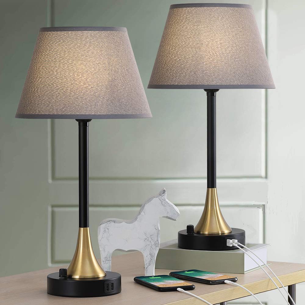 2 Pack USB Table Lamps with Metal Base & Gray Fabric Shade - 20