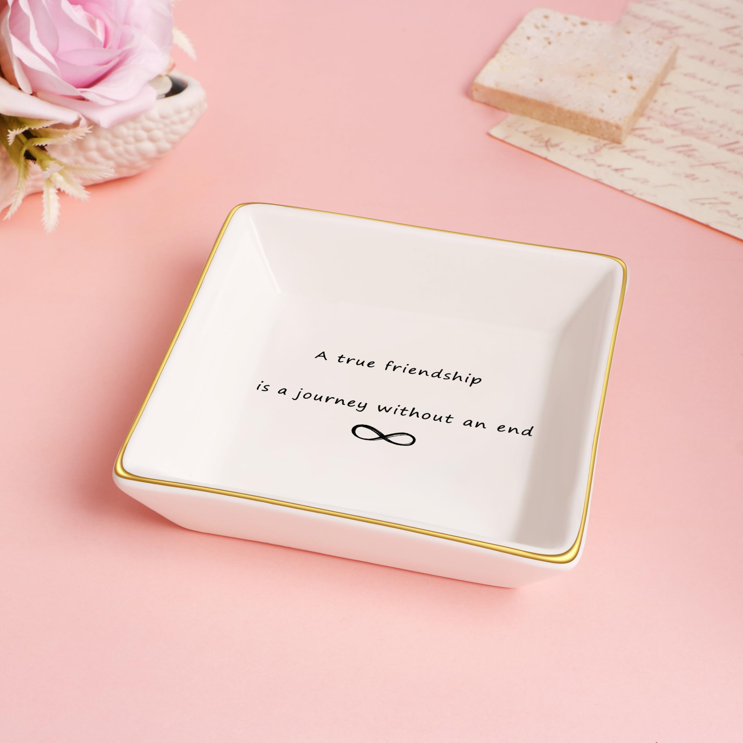 Ceramic Trinket Tray for Women - Friendship Gift Jewelry Dish with 'A True Friendship is A Journey Without End' Quote - Perfect for Birthday, Christmas, Home Decor & Encouragement Gifts | Jewelry Organizer, Ring Holder, Vanity Tray for Bedroom & Bathroom