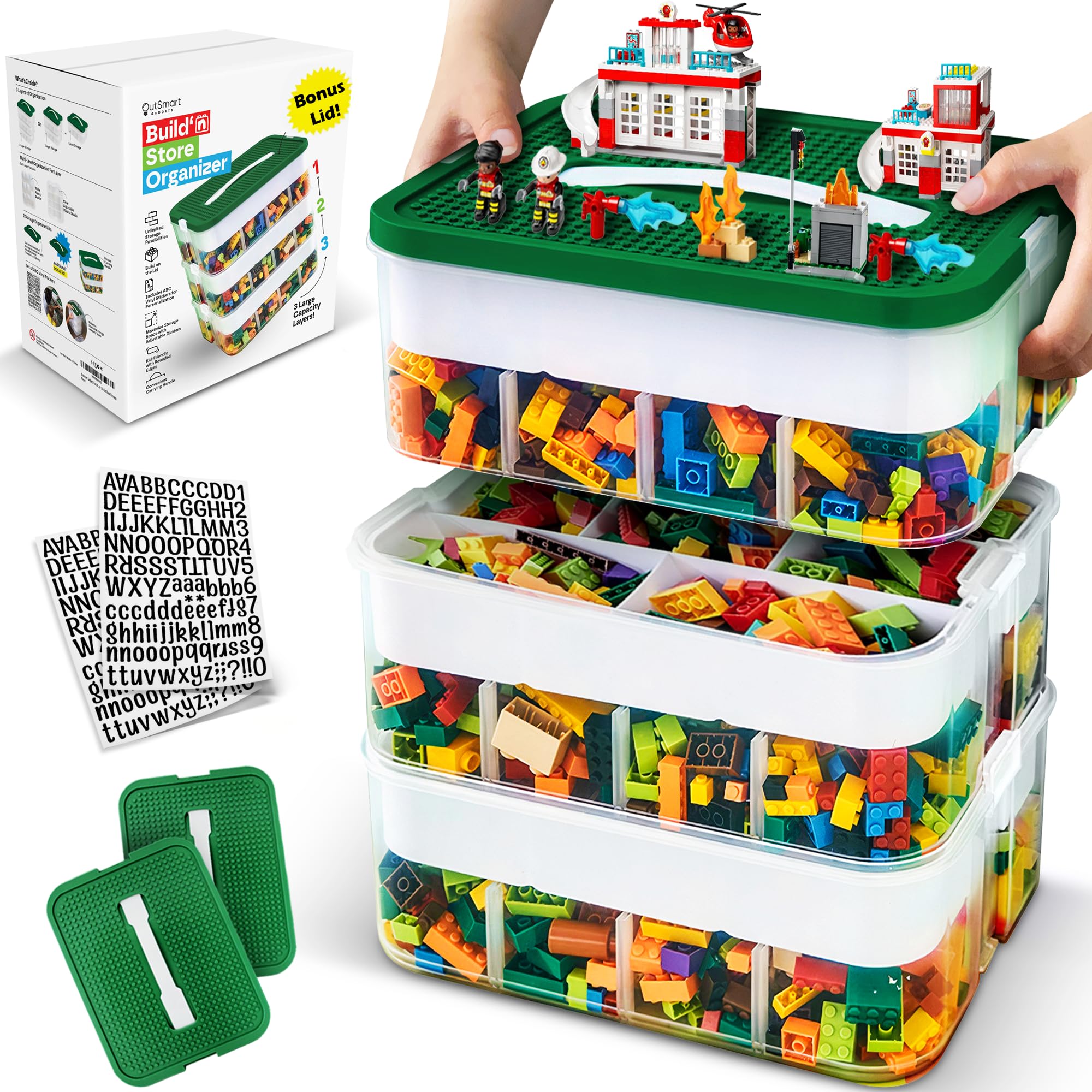 Stackable Plastic Toy Storage Organizer Bin for LEGO, Building Blocks, Dolls & Crafts - 3-Tier Adjustable Compartments with ABC Stickers & 2 Lids - Perfect for Kids' Room, Playroom & Classroom Organization