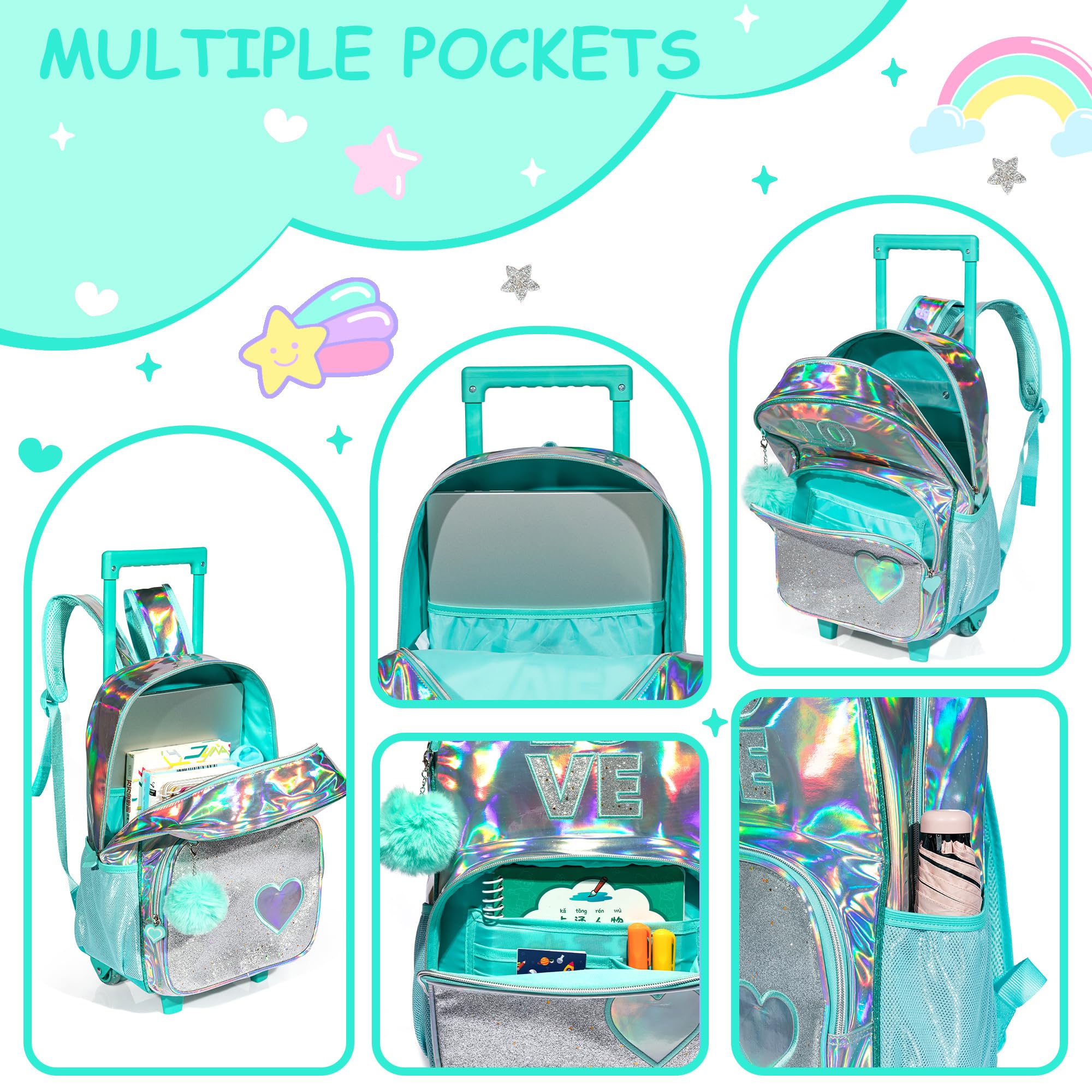 Rolling Backpack for Girls - Kids Wheeled Backpack with Lunch Bag for Elementary & Kindergarten | Lightweight Carry-On Luggage for School, Travel & Daily Use