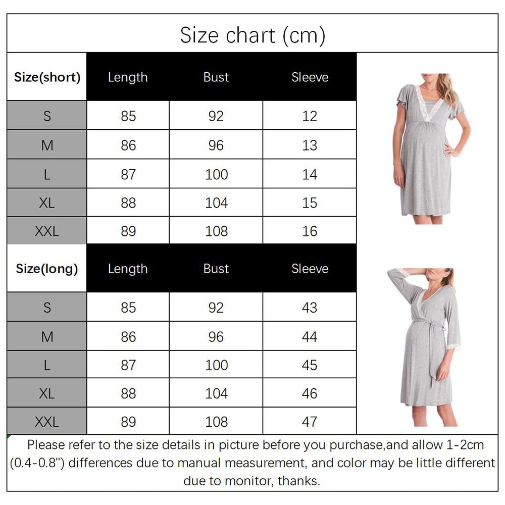 Bysion Women's Maternity Nursing Nightgown Set - 2 Pcs Lace V-Neck Breastfeeding Sleepwear & Pajama Dress for Pregnancy, Home, Hospital - Comfortable Nursing Nightwear for New Moms