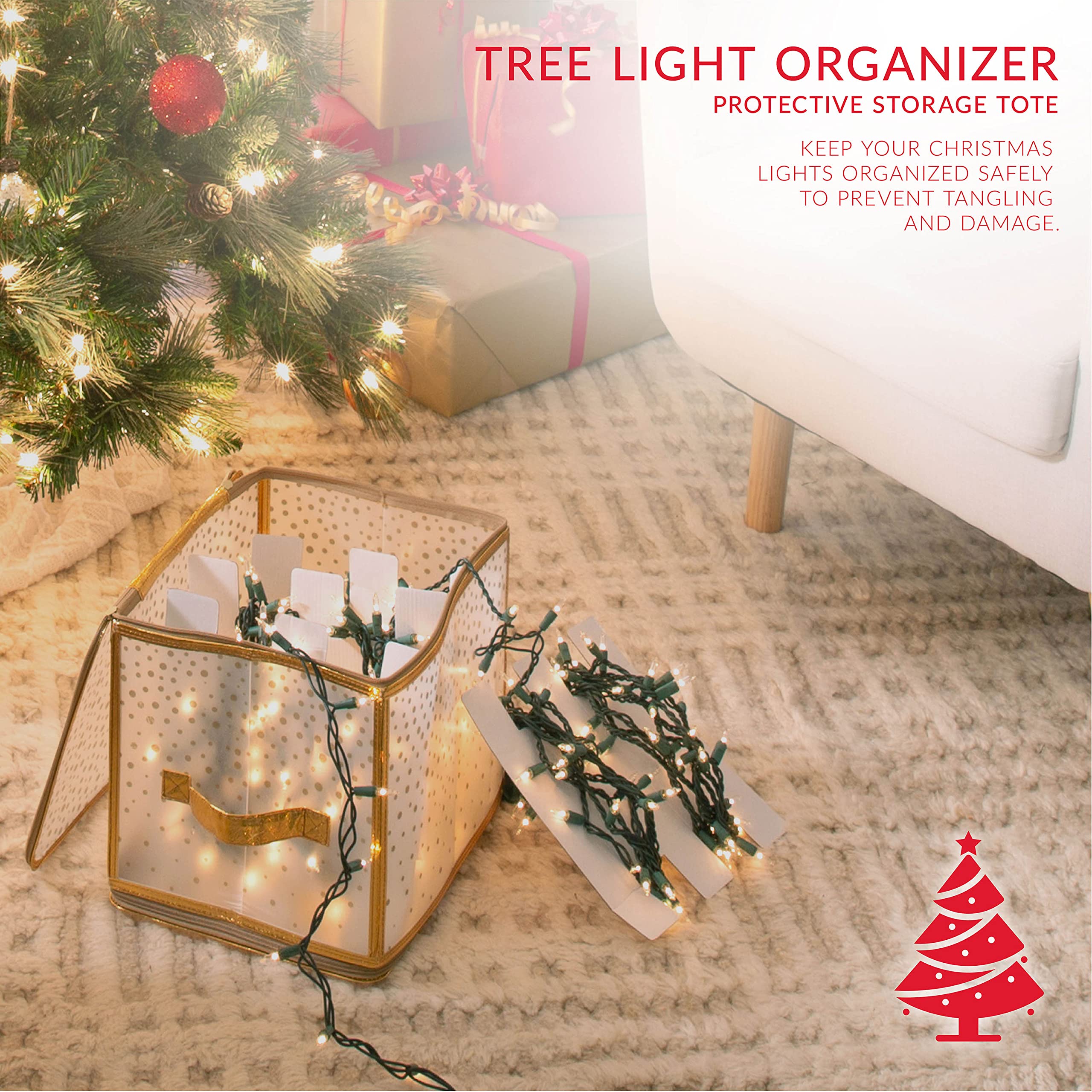 Simplify Holiday Light Organizer Box - Stores 500 Christmas Lights with 5 Divider Reels | Collapsible Storage Solution for Tree String Lights | Ultra-Zip Gold Design | Perfect for Holiday Decor Organization & Off-Season Storage