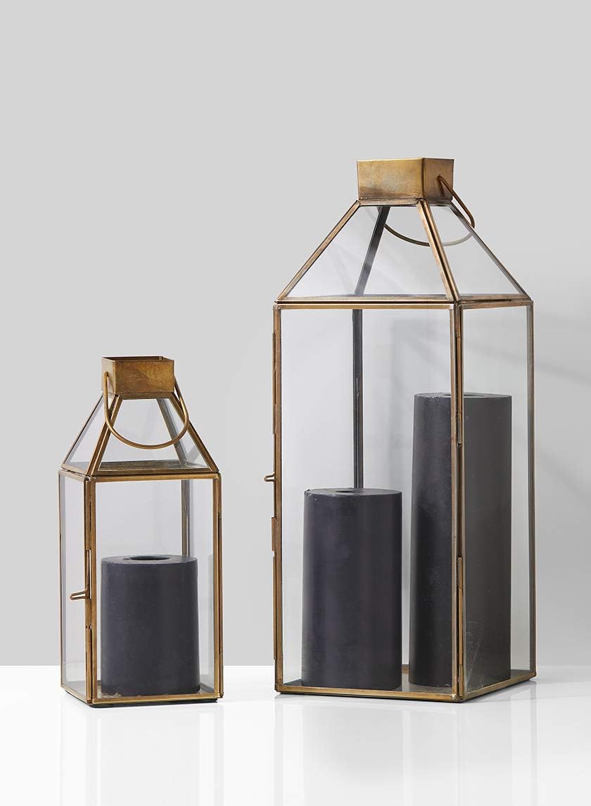 Large Gold Decorative Hurricane Lantern Candle Holder with Glass Panels - 16 Inch Tall Set of 4 - Elegant Home Decor for Dining Table, Wedding Centerpiece, Outdoor Patio Lighting