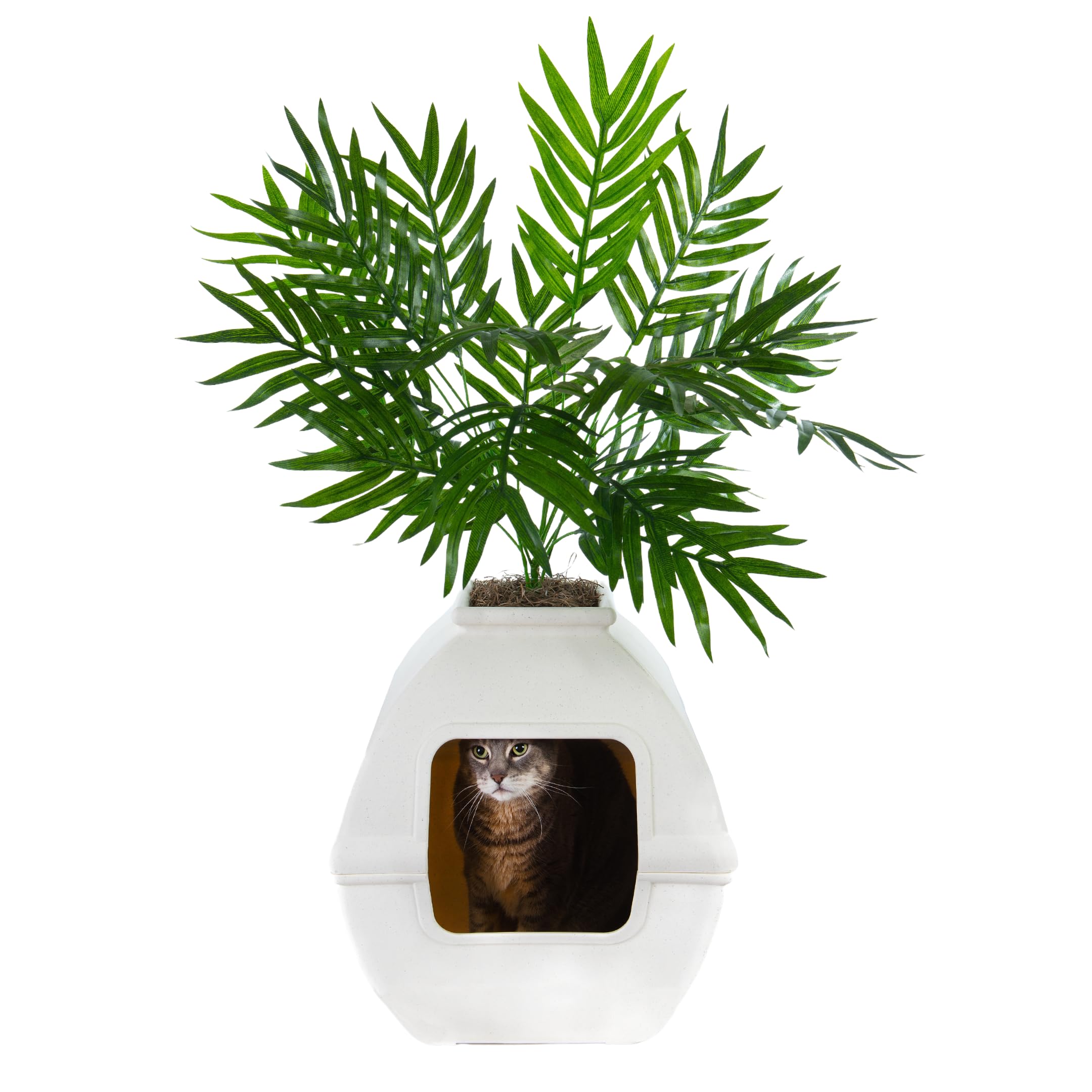 Hidden Cat Litter Box Enclosure with Artificial Plant - Decorative Square Planter | Odor Control Charcoal Filter | Easy Clean Made in USA (White Base Kit) - Perfect for Home, Apartment & Small Spaces