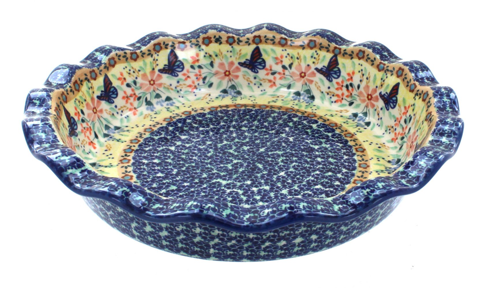 Handmade Blue Rose Polish Pottery Pie Plate with Butterfly Design - Perfect for Serving Desserts, Baking, and Home Decor