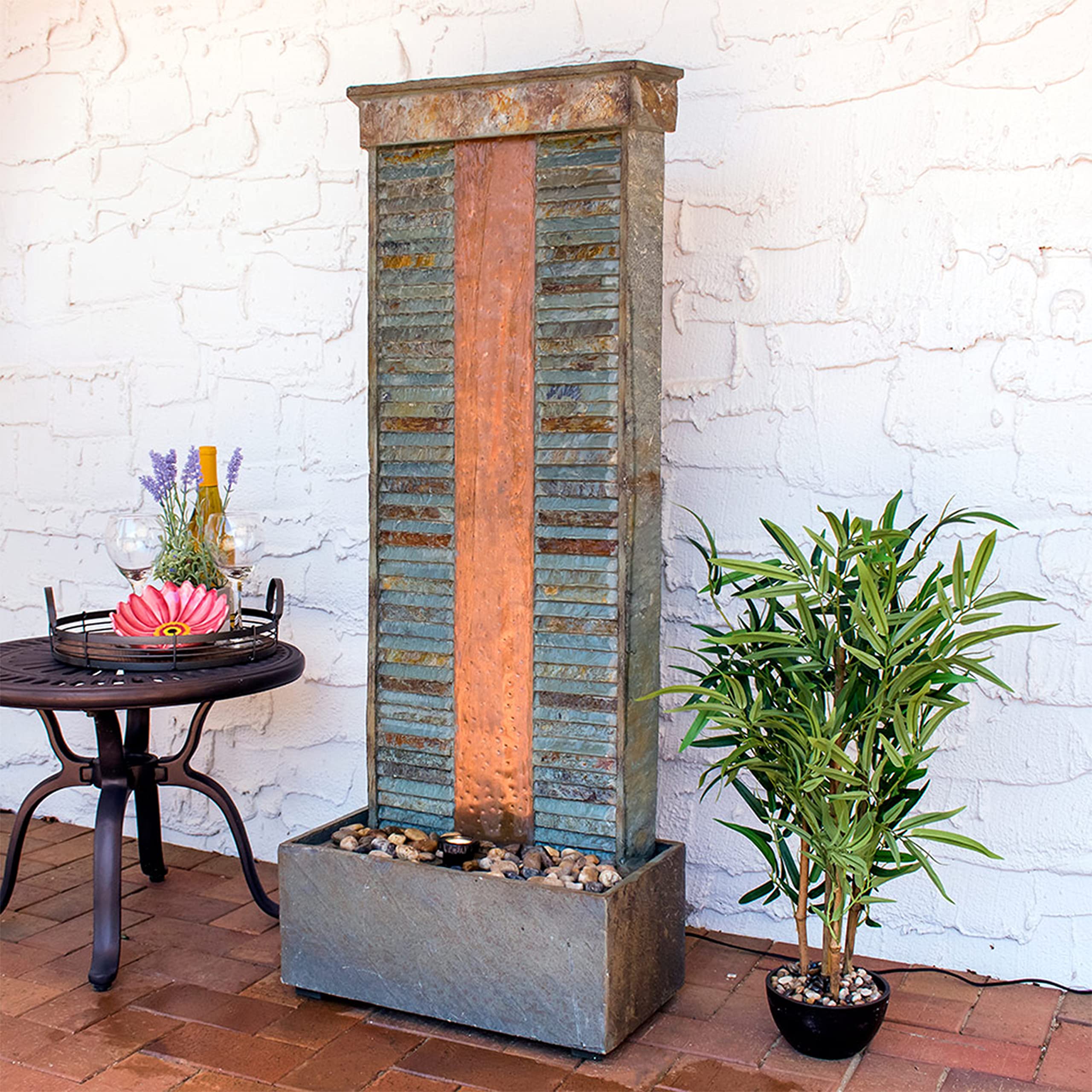 Sunnydaze 48-inch Rippled Slate Outdoor Water Fountain with LED Lights - Copper Accented Garden Water Feature for Patio, Deck, Backyard | Relaxing Ambient Decor for Outdoor Living Spaces