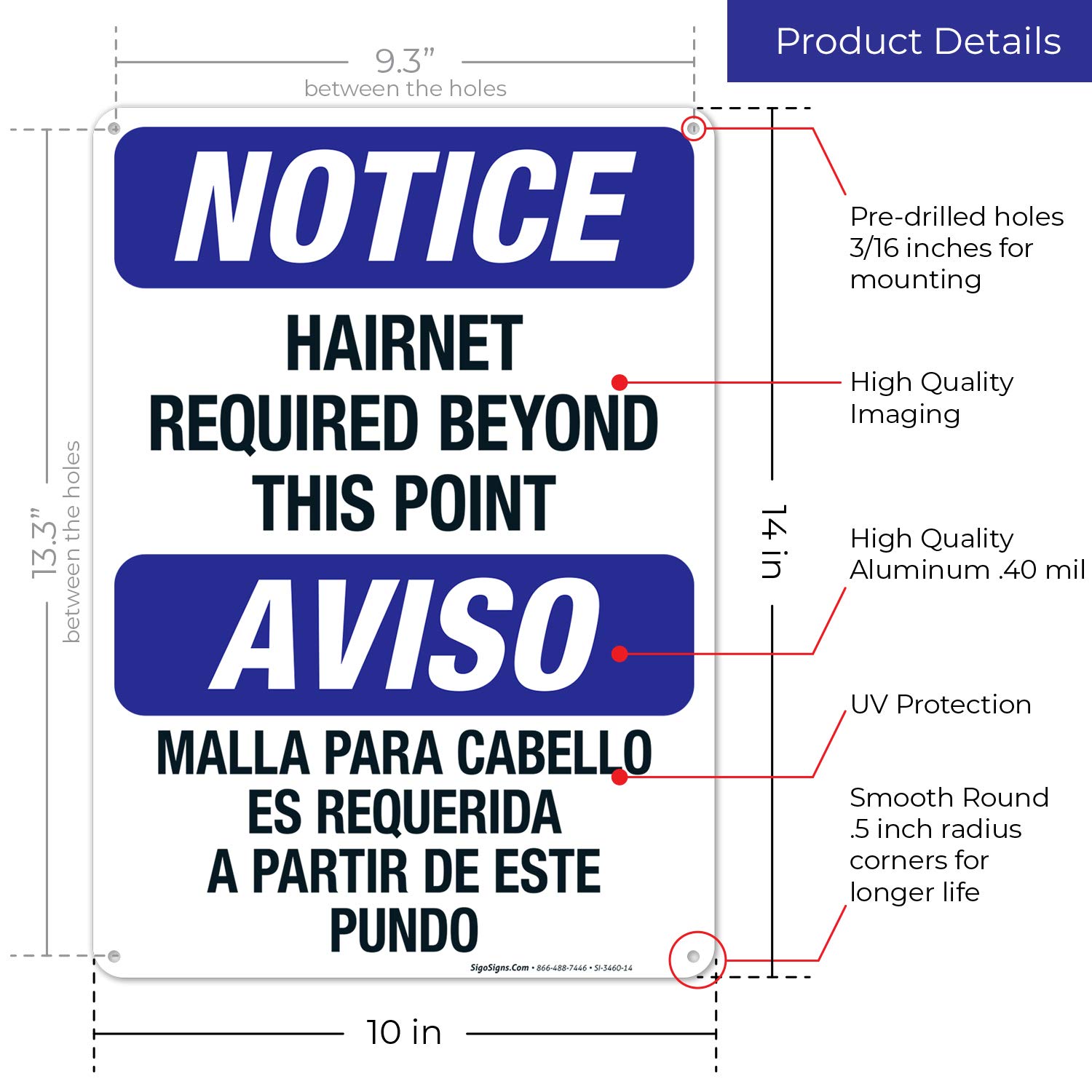 Bilingual Hairnet Required Beyond This Point Sign - OSHA Compliant 10x14 Inch Rust-Free Aluminum Safety Sign, Fade Resistant for Indoor/Outdoor Use - Made in USA | Perfect for Restaurants, Food Processing Plants & Healthcare Facilities