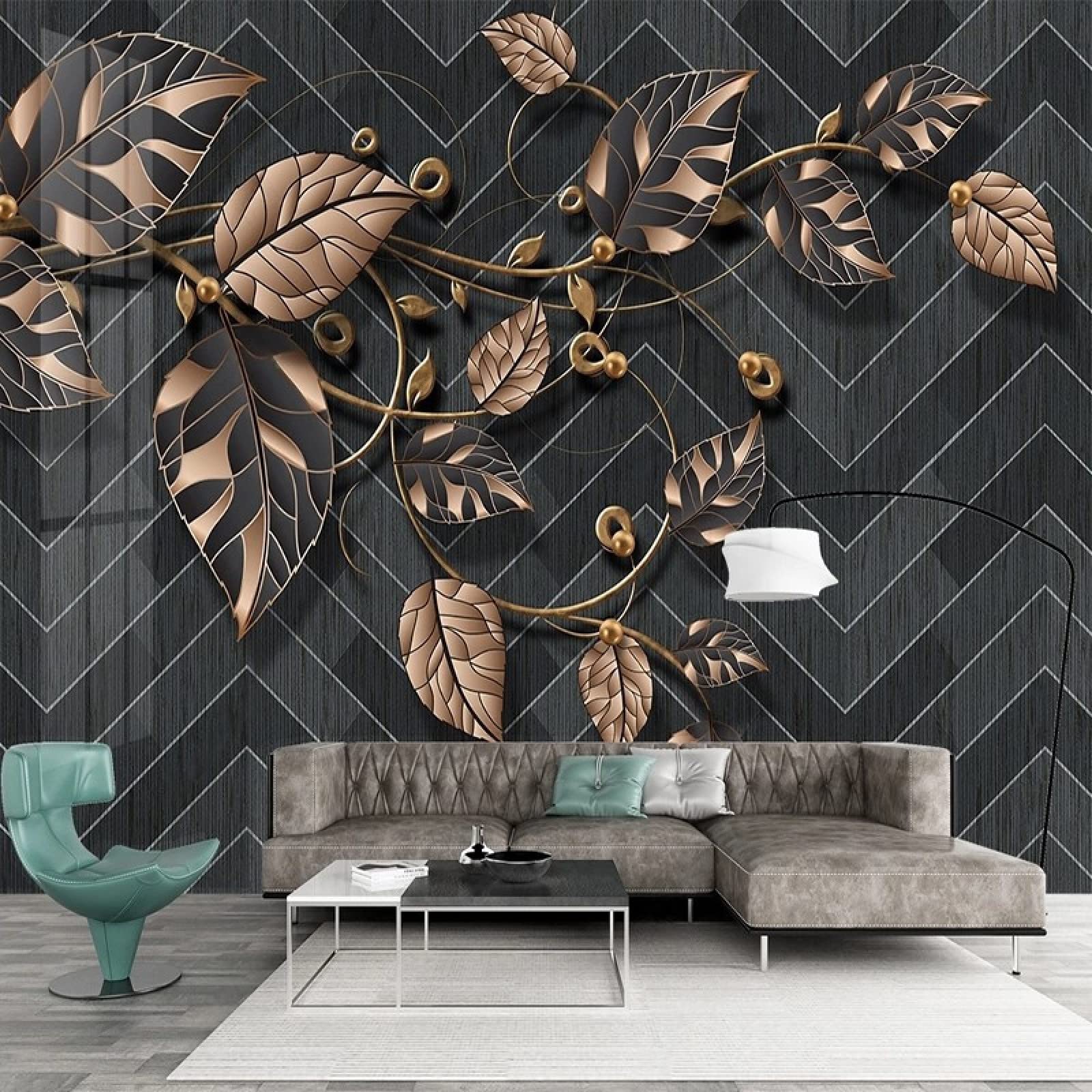 3D Black Roll Grass Flower Plant Leaves Mural Wallpaper - 430x300cm Self-Adhesive Wallpaper for Living Room, Bedroom, Home Decor | Nature-Inspired Background Wall Covering for Modern Interior Design