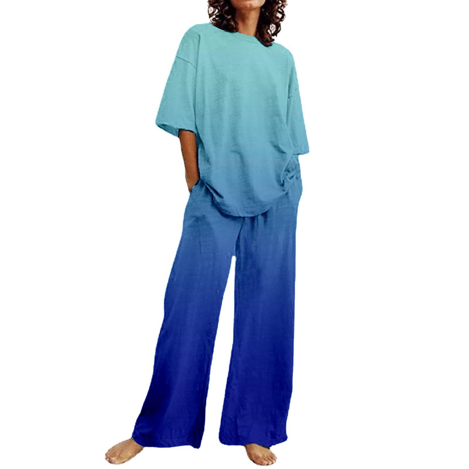 Ollysqiar Women's Summer Outfits - 2 Piece Cotton Linen Set with 3/4 Sleeve Oversized Top & Wide Leg Pants | Casual Loose Fit for Beach, Vacation & Everyday Wear