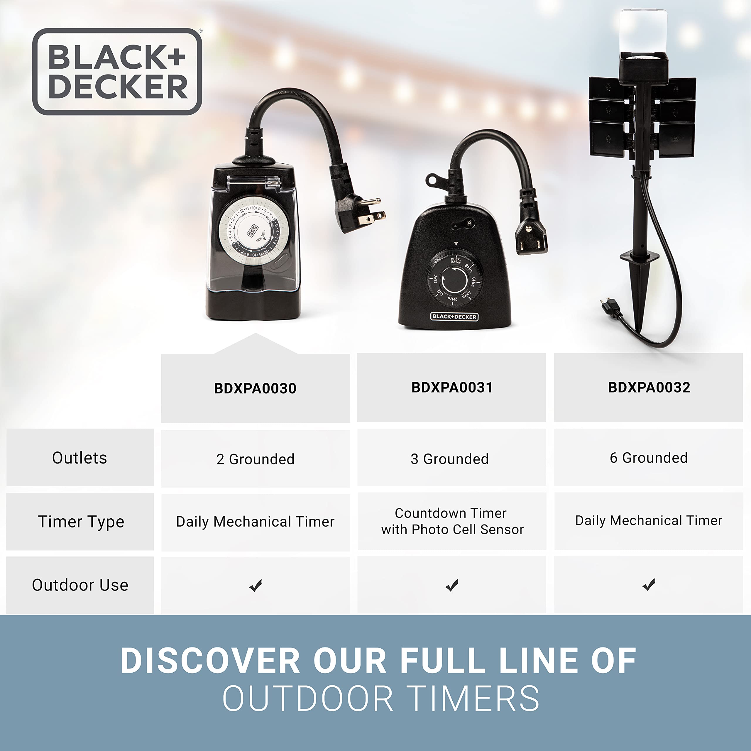 BLACK+DECKER Outdoor Timer 2 Pack - Waterproof Electrical Outlet Timer with 2 Grounded Outlets, 30-Minute Intervals for Holiday Lights & Decorations - Analog Light Timer Switch (Perfect for Christmas Decor, Landscape Lighting & Outdoor Security)