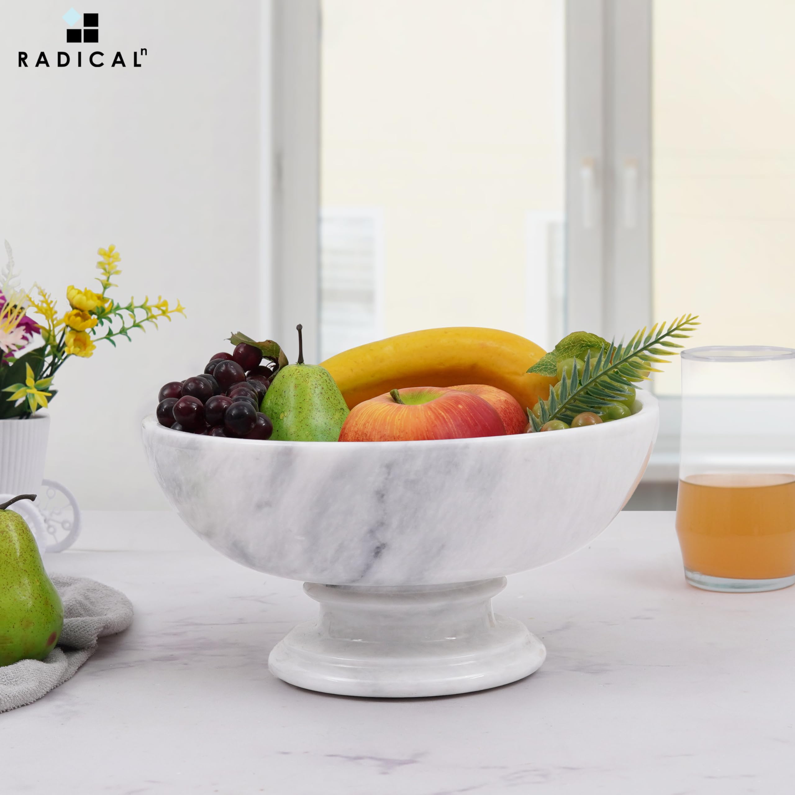 Handmade White Marble Fruit Bowl 10 Inch - Modern Large Serving Dish for Kitchen Counter, Banana Holder, Fruit Display | Perfect for Kitchen Organization, Dining Table Centerpiece, and Home Decor