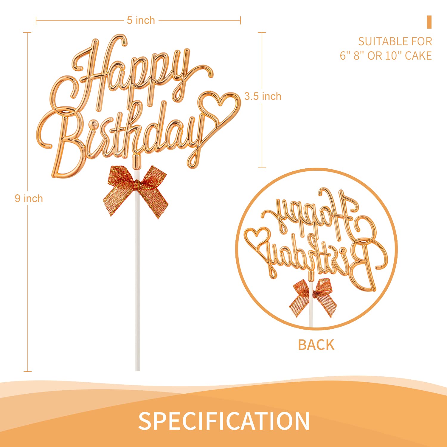 3D Gold Happy Birthday Cake Topper - Double Sided Cursive Sign with Bow for Birthday Cake Decorations | Perfect for Birthday Parties, Photo Booth Props & Celebration Decor (Gold)