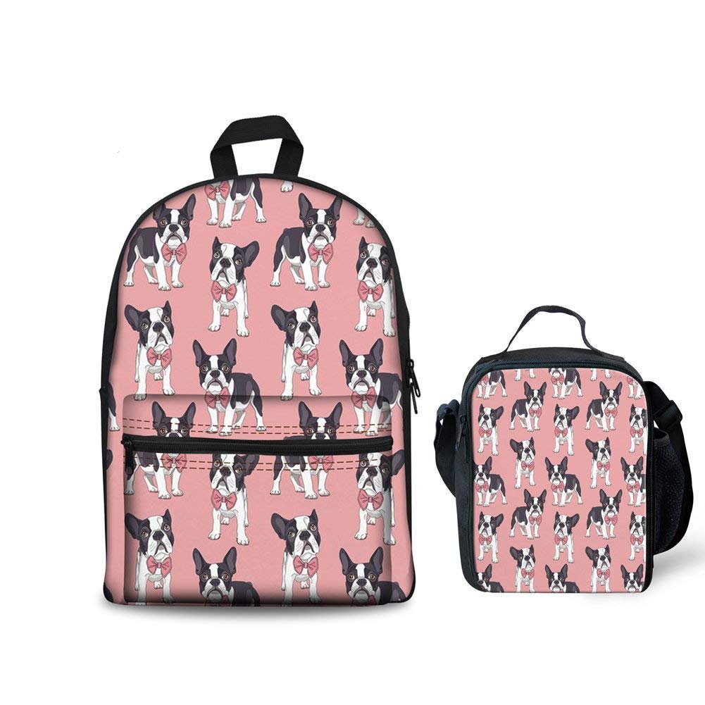 Coloranimal 2-Piece School Backpack Set - Adorable Pink Canvas Book Bag with Boston Terrier Design & Insulated Lunch Tote for Kids | Perfect for School, Travel & Picnics