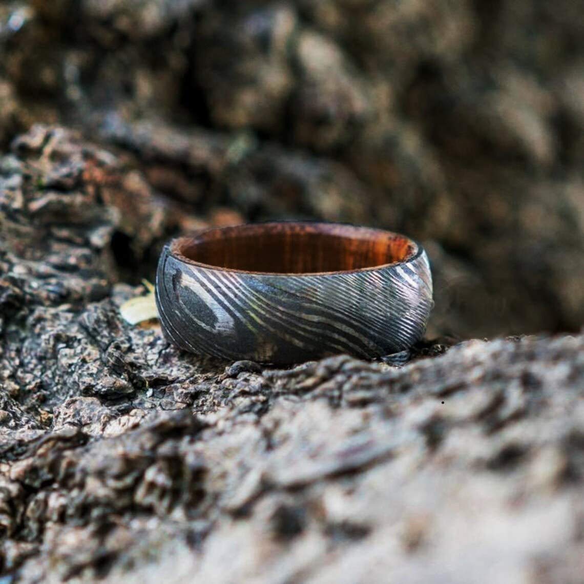 Handmade Damascus Steel Ring with Hardwood Sleeve - Custom Anniversary, Wedding Band & Father's Day Gift for Men (Color Variations May Occur) | Perfect for Engagements, Weddings & Special Occasions