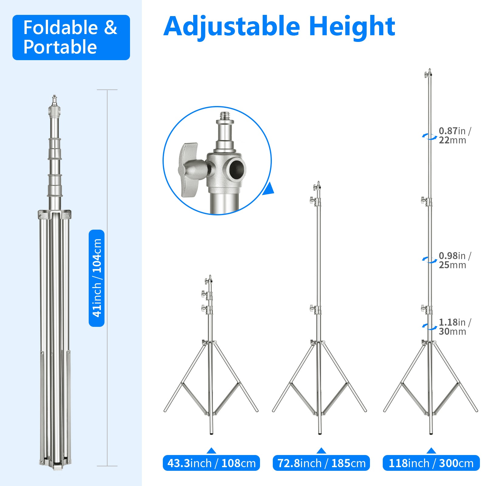 NEEWER ST 300SS 300cm Stainless Steel Heavy Duty Light Stand for Photography Studio, Video Shooting, YouTube Content Creation - Adjustable Tripod with Carry Bag