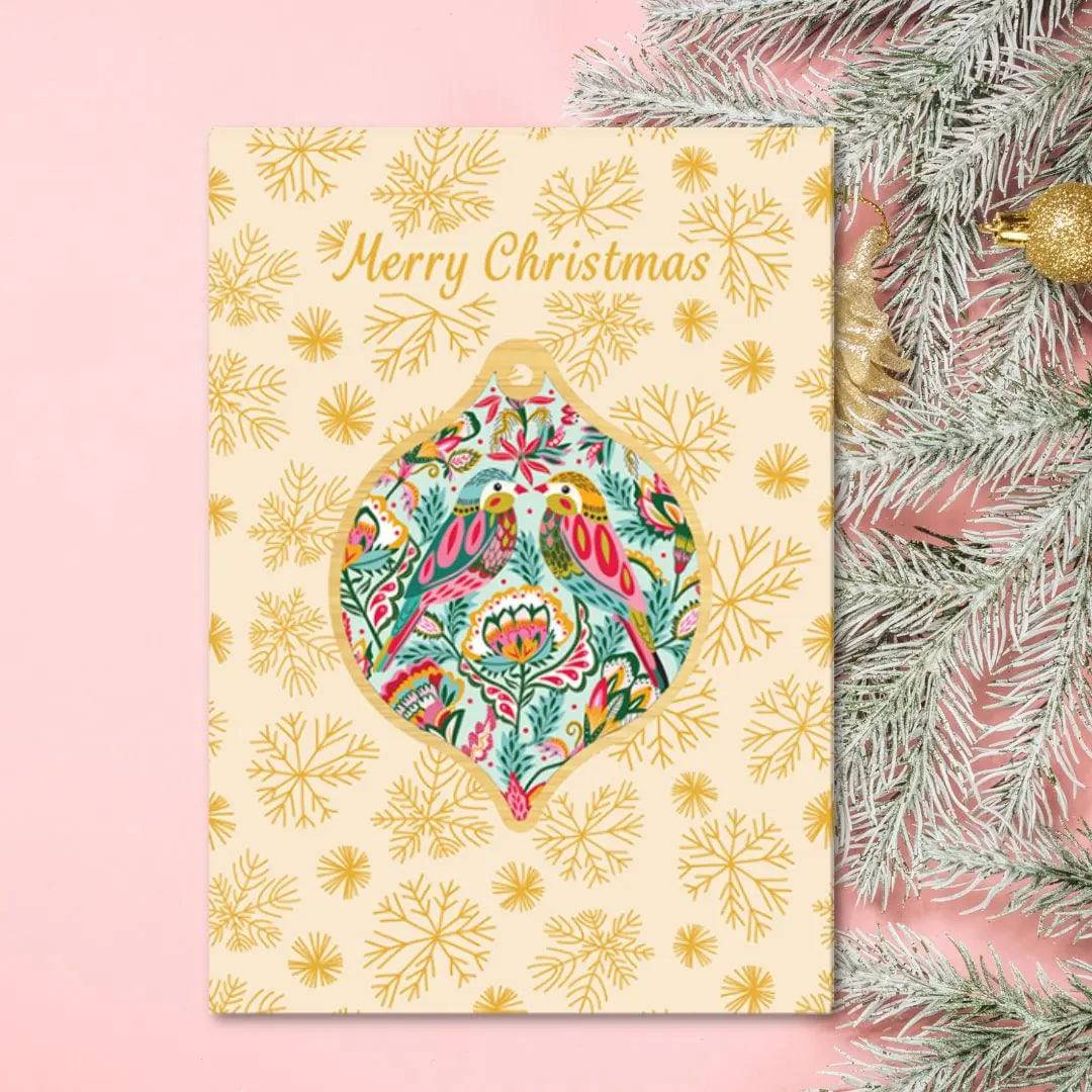 Handmade Bejewelled Birds Christmas Card & Bauble Set - Festive Holiday Greeting Card with Ornament for Xmas Tree Decor - Perfect for Holiday Gifting, Home Decor & Christmas Party Favors