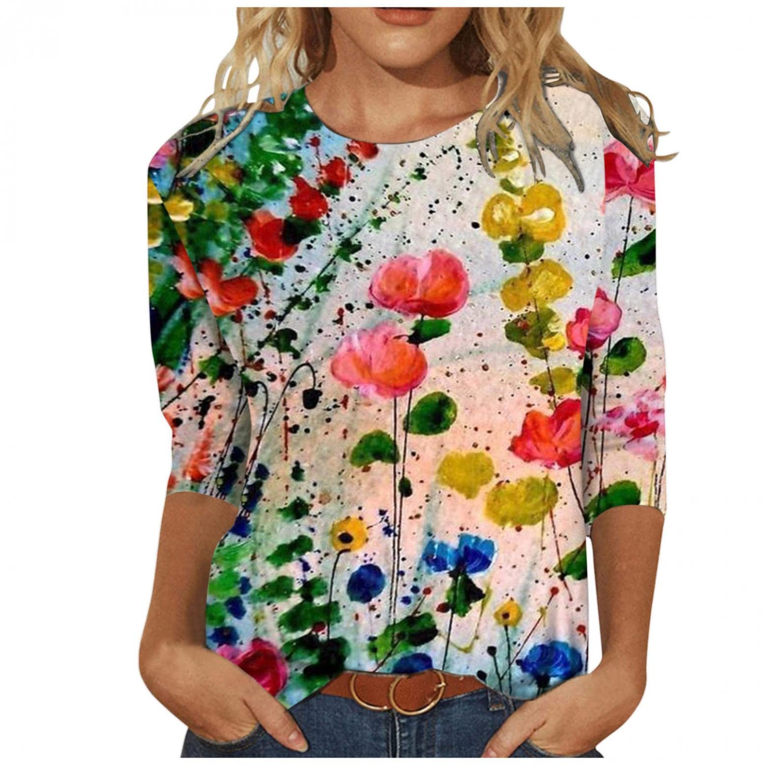 Women's 3/4 Sleeve Round Neck Loose Pullover Blouse - Soft Comfortable Casual Summer Tops with Colorful Prints | Perfect for Office, Weekend Outings & Travel