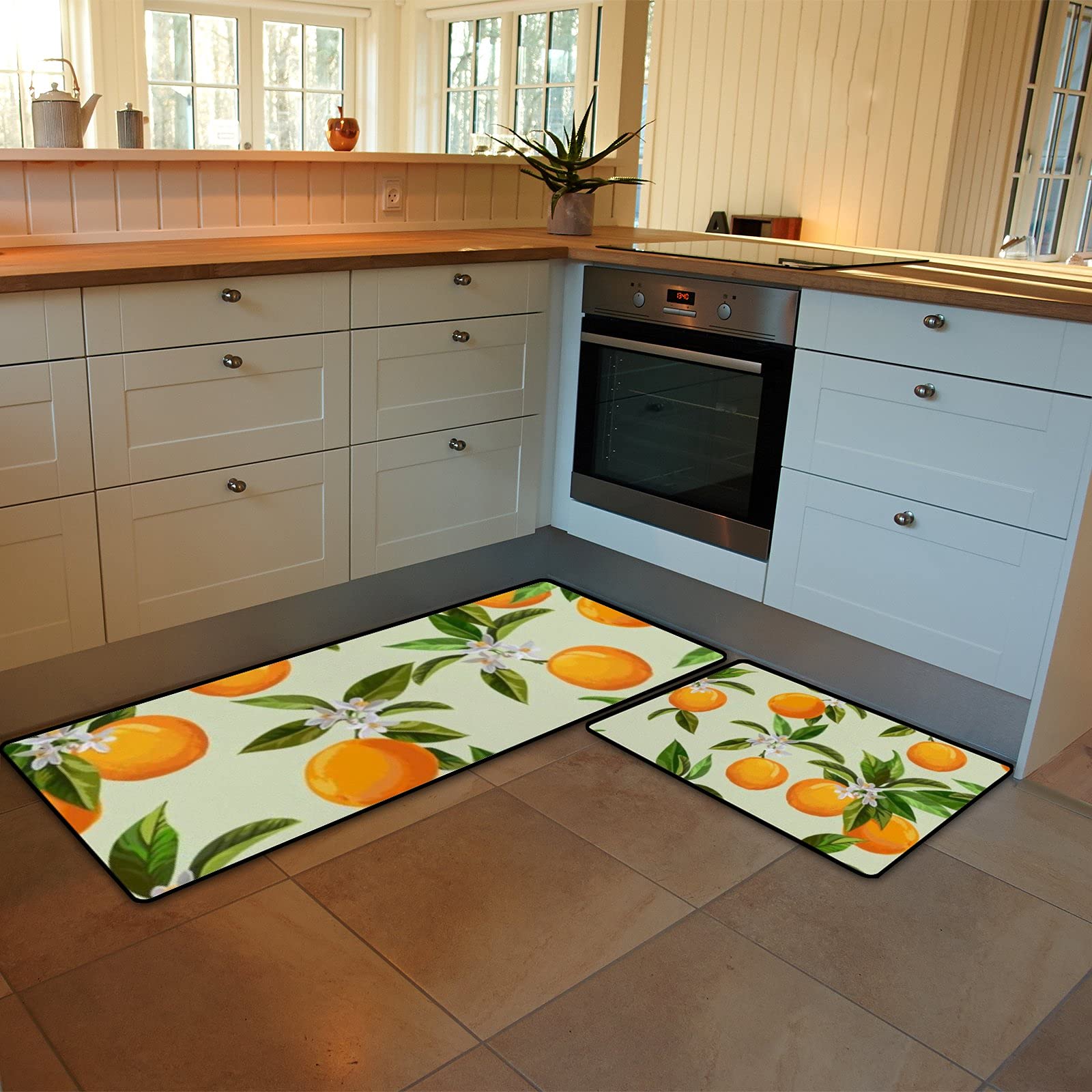 2-Piece Vintage Citrus Fruits Kitchen Rugs and Mats Set - Anti-Fatigue, Non-Slip, Washable Floor Mats for Comfortable Standing - Perfect for Kitchen, Home, and High-Traffic Areas