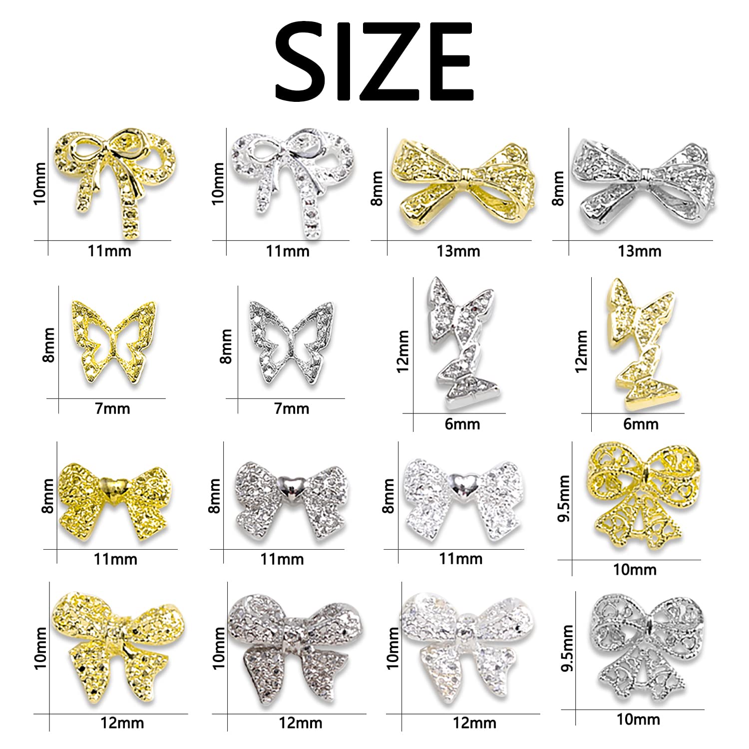 48Pcs 3D Butterfly Bow Nail Charms - Gold & Silver Nail Art Decorations for Acrylic Nails, Manicure, DIY Nail Designs - Perfect for Parties, Weddings, and Special Occasions