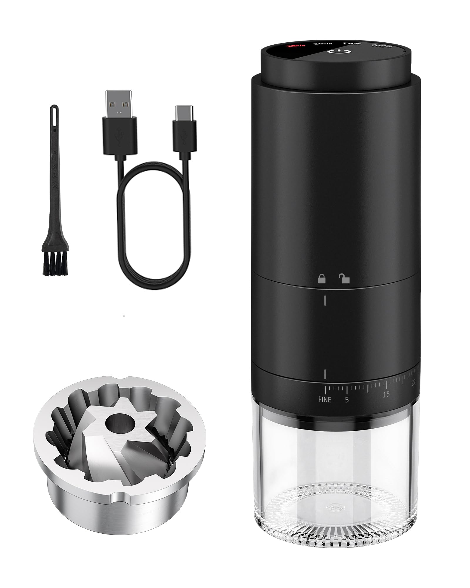 Portable Rechargeable Coffee Grinder with Stainless Steel Burr - 38 Adjustable Settings & LED Display - Fast Battery Powered Coffee Mill for Espresso, Travel, Camping, Office & Home Use