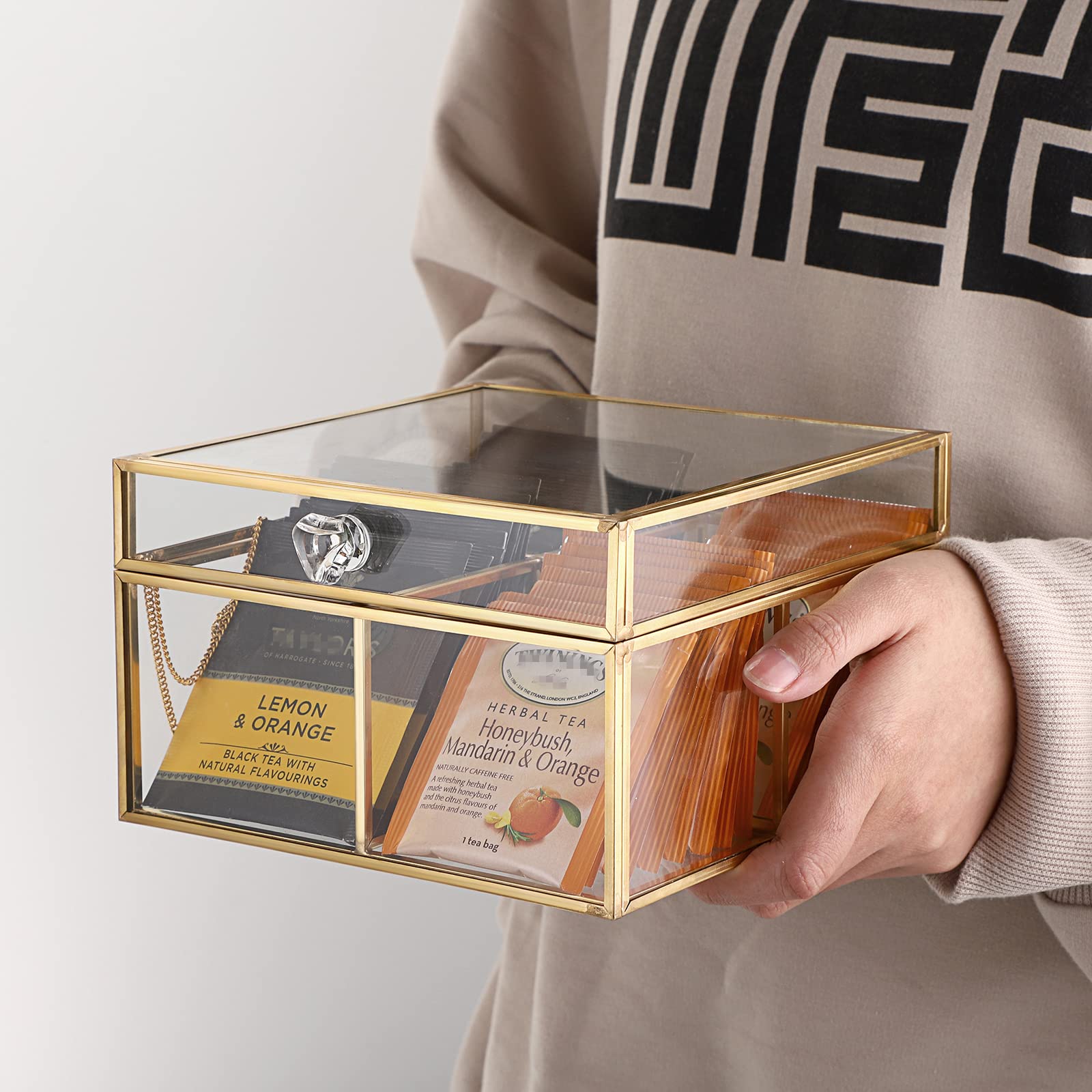 ELLDOO Gold Glass Tea Bags Storage Box with Lid - 4 Compartment Jewelry Organizer for Makeup Sponges, Sugar Packets, Rings & Earrings - Elegant Countertop Display for Bathroom Vanity or Dressing Table
