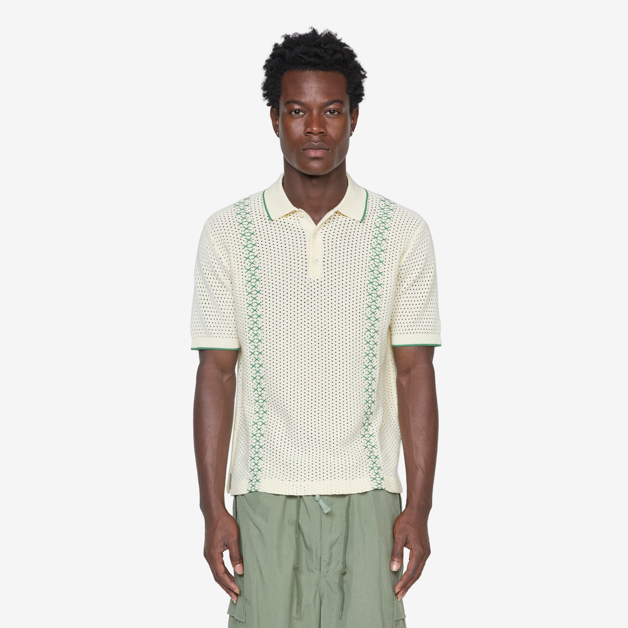 Men's Knit Polo Shirt with Mesh Stripe Design in Off White - Casual & Business Wear for Office, Golf, and Outdoor Activities