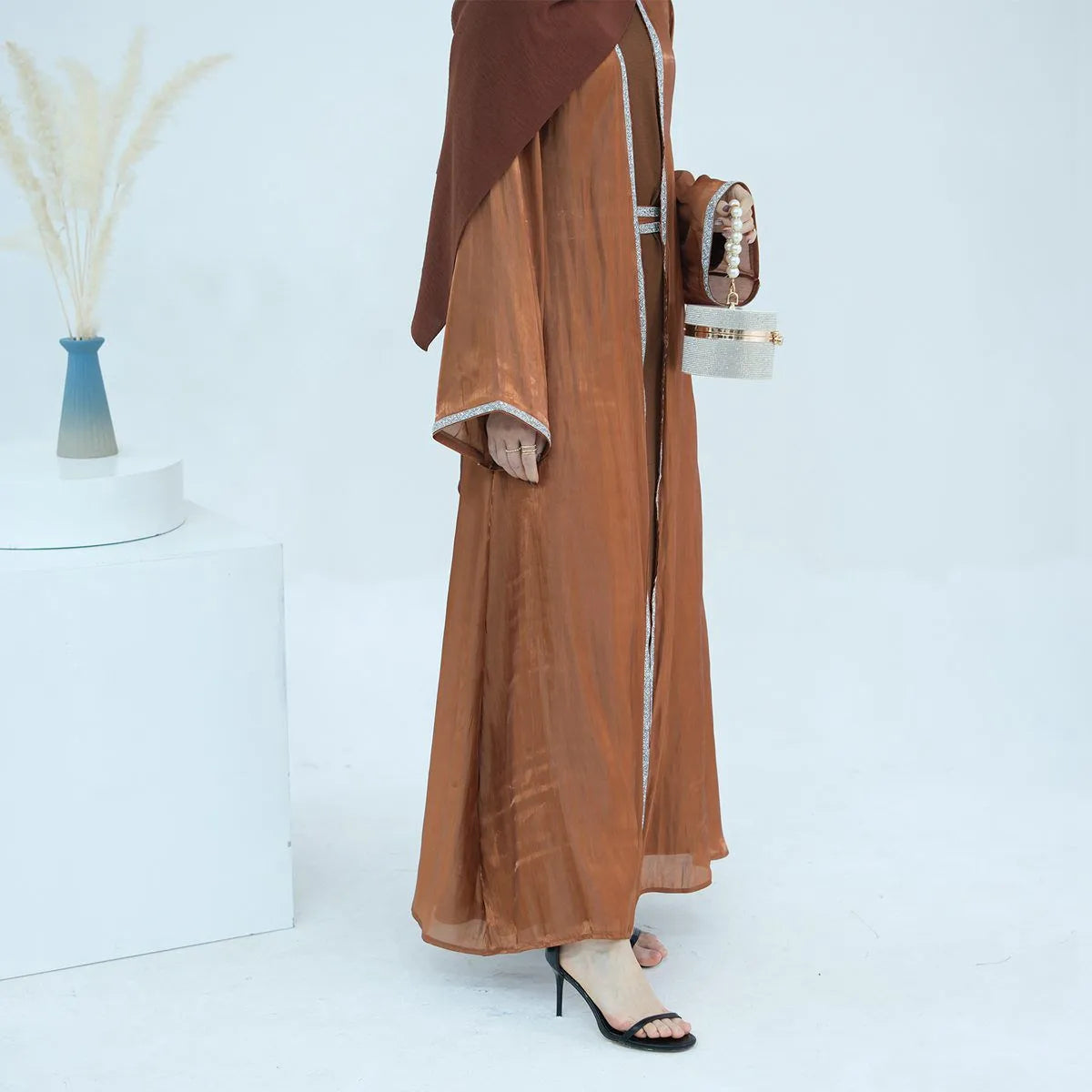 2-Piece Hotfix Rhinestone Sparkling Open Abaya Dress Set with Inner Dress - Perfect for Weddings, Parties & Special Occasions