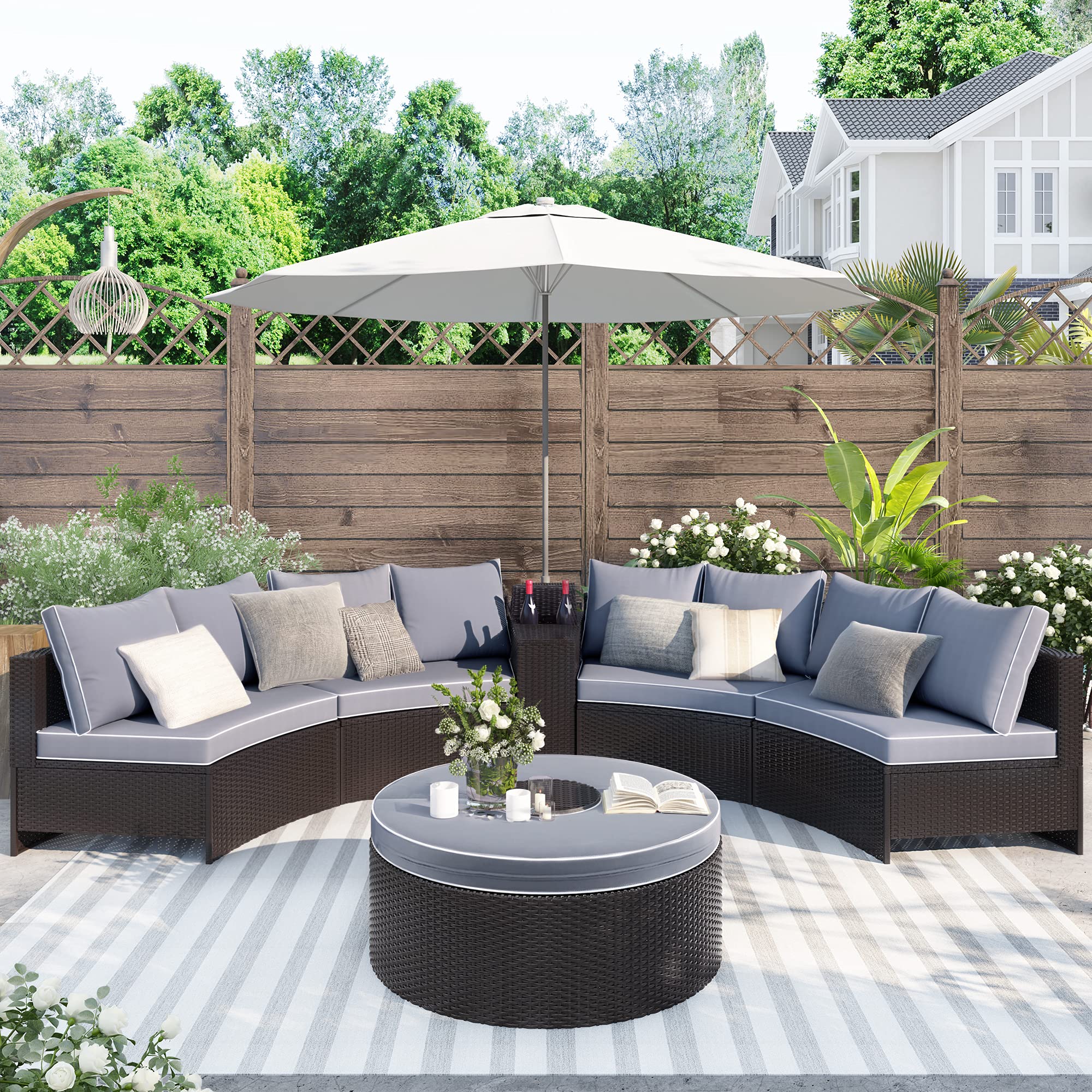 6-Piece Patio Rattan Sectional Half Round Sofa Set - Outdoor Conversation Furniture with Storage Side Table & Multifunctional Round Table - Perfect for Garden, Poolside & Backyard Relaxation
