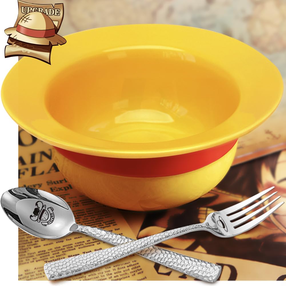 One Piece Luffy Straw Hat Ceramic Ramen Bowl Set with Hammered Stainless Steel Fork & Spoon - Anime Merchandise Gift for One Piece Fans (Captain’s Feast Edition) - Perfect for Anime Themed Parties, Collectors & Ramen Lovers