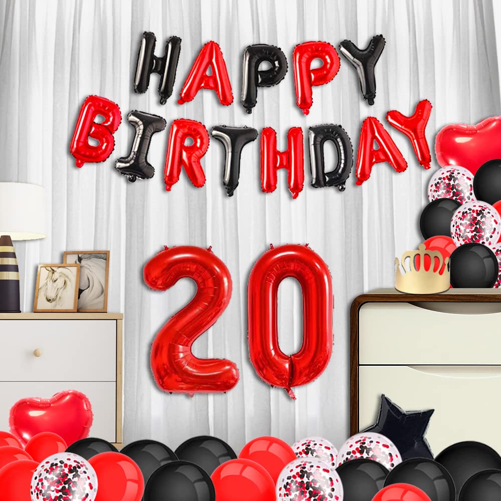 Minhero 20th Birthday Party Decorations Kit - Red & Black Happy Birthday Banner, Number 20 Balloons, Birthday Sash with Latex & Confetti Balloons for Women's Milestone Celebration - Perfect for 20th Birthday Party Decor, Photo Backdrops & Adult Birthday Themes
