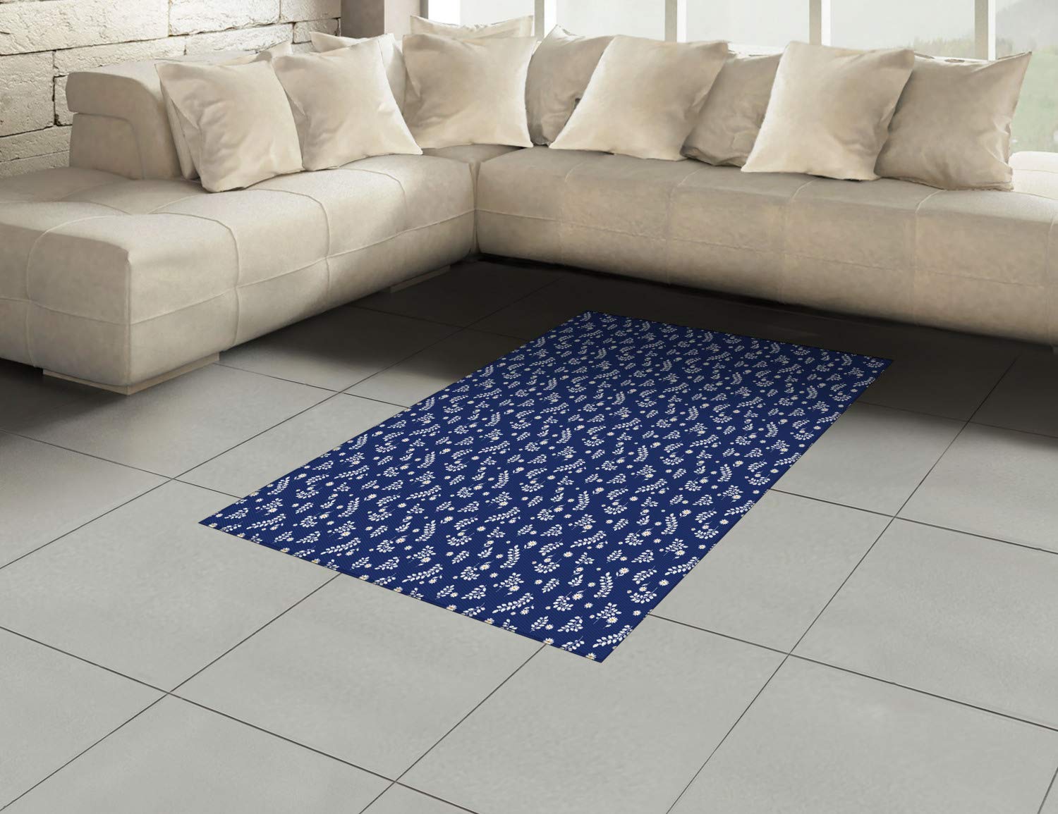 Ambesonne Floral Area Rug - Silhouette Style Flowers & Leafy Branches Design, Dark Sky Blue Marigold White, 4'x5'7