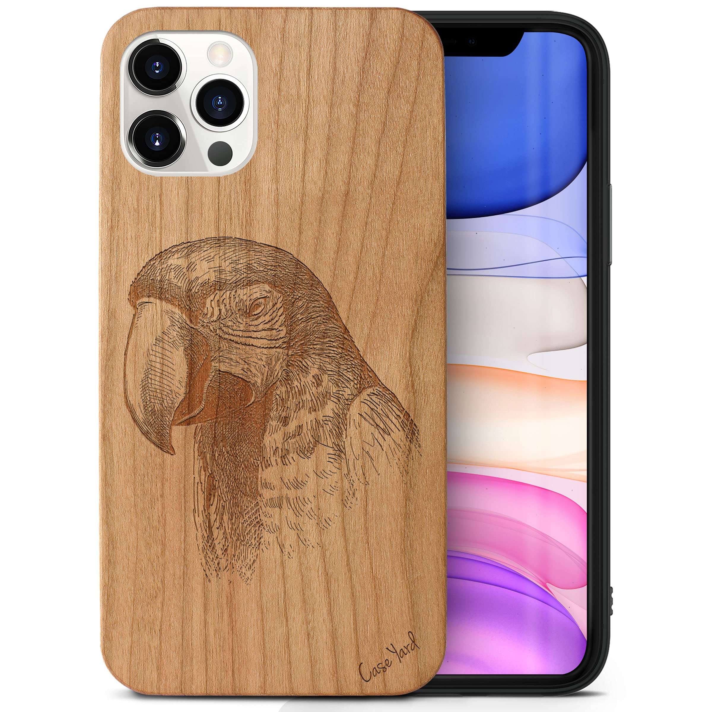 Wooden iPhone 11 Pro Case - Laser Engraved Macaw Design Cherry Wood Phone Cover | Slim Fit Shockproof Protective Case for Men & Women | Perfect for Outdoor Adventures, Travel & Daily Protection