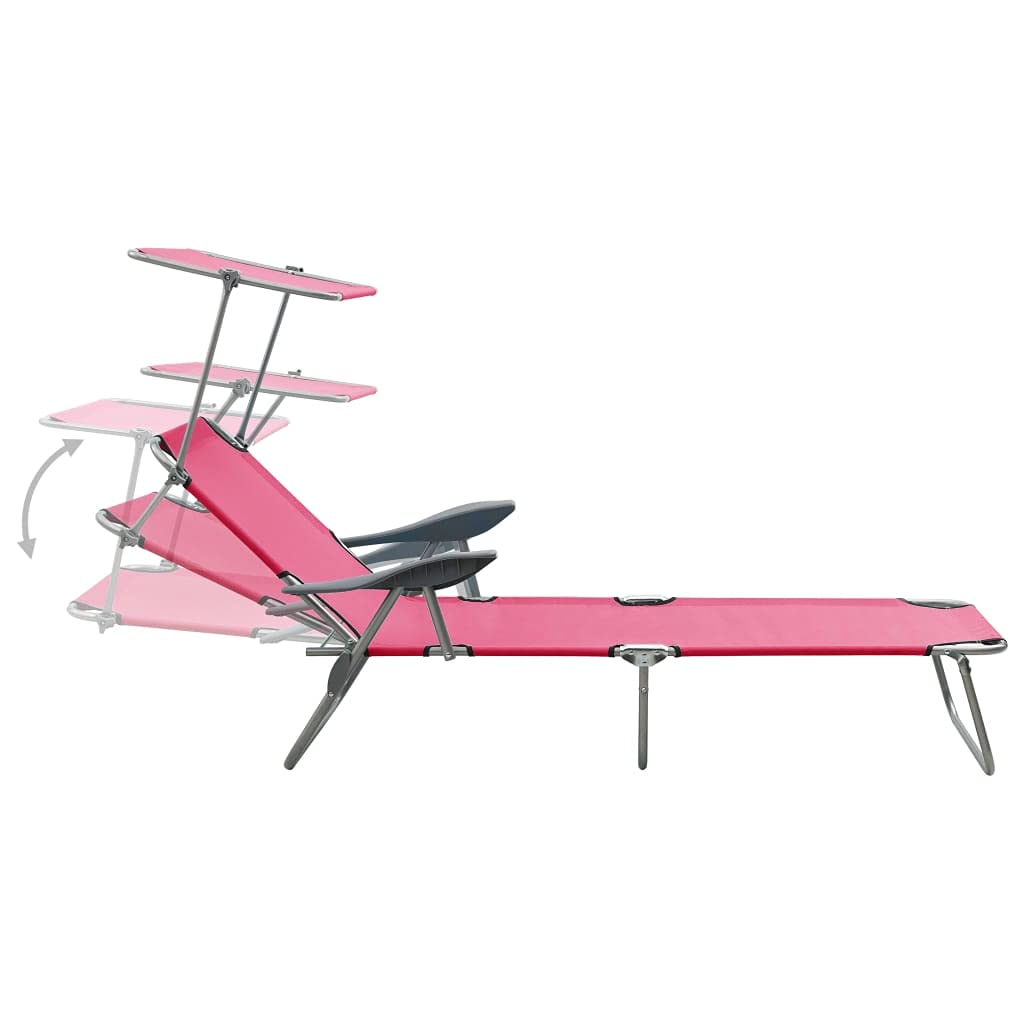 vidaXL Adjustable Foldable Sun Lounger with Canopy - Modern Outdoor Sunbed with Powder-Coated Steel Frame in Pink | Perfect for Poolside, Beach, Patio & Garden Relaxation