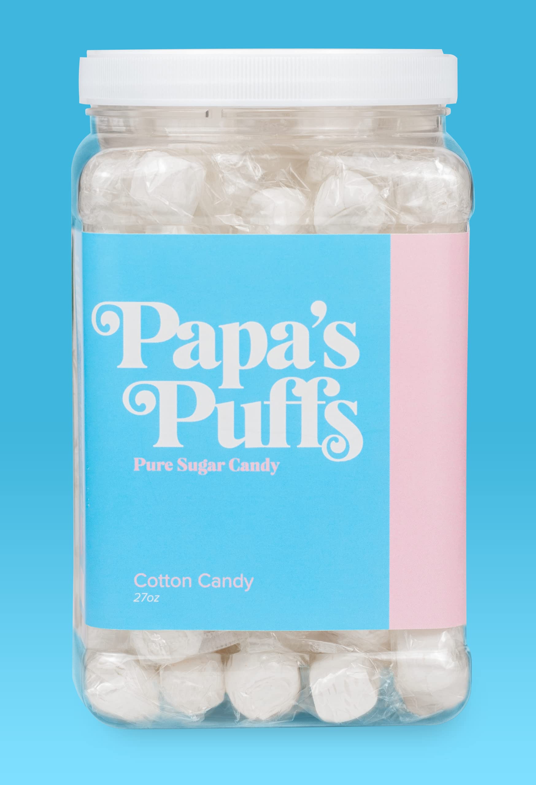 Papa's Puffs Cotton Candy Flavored Pure Sugar Candy - Individually Wrapped Resealable Tub - Fat Free, Gluten Free, Cholesterol Free - Made in USA - Perfect for Parties, Gifts & Sweet Cravings